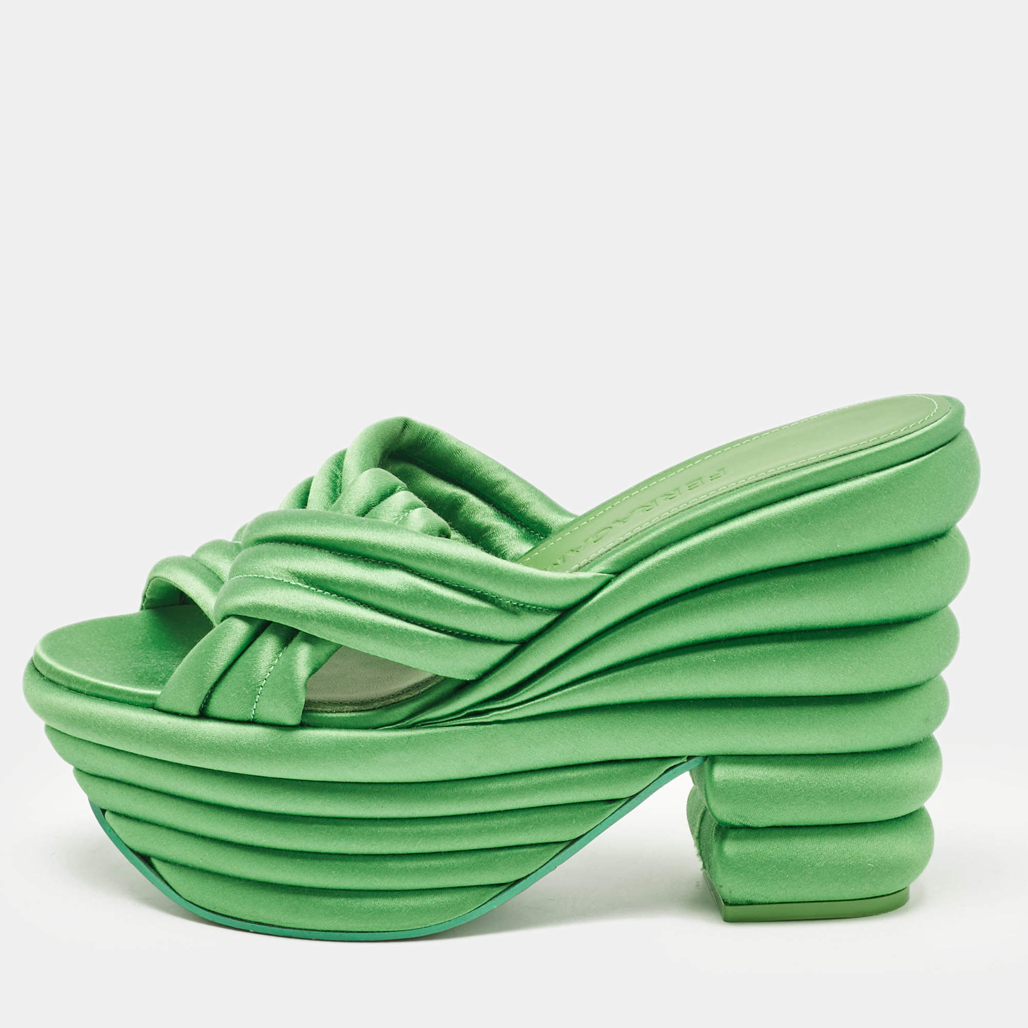 Pre Owned Salvatore Ferragamo Green Satin Platform Sandals Size 38.5