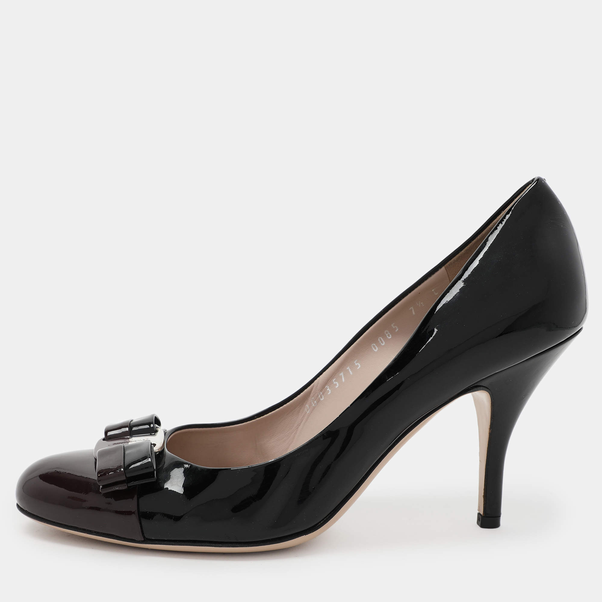 Pre Owned Salvatore Ferragamo Black/Burgundy Patent Leather Bow Pumps Size 38