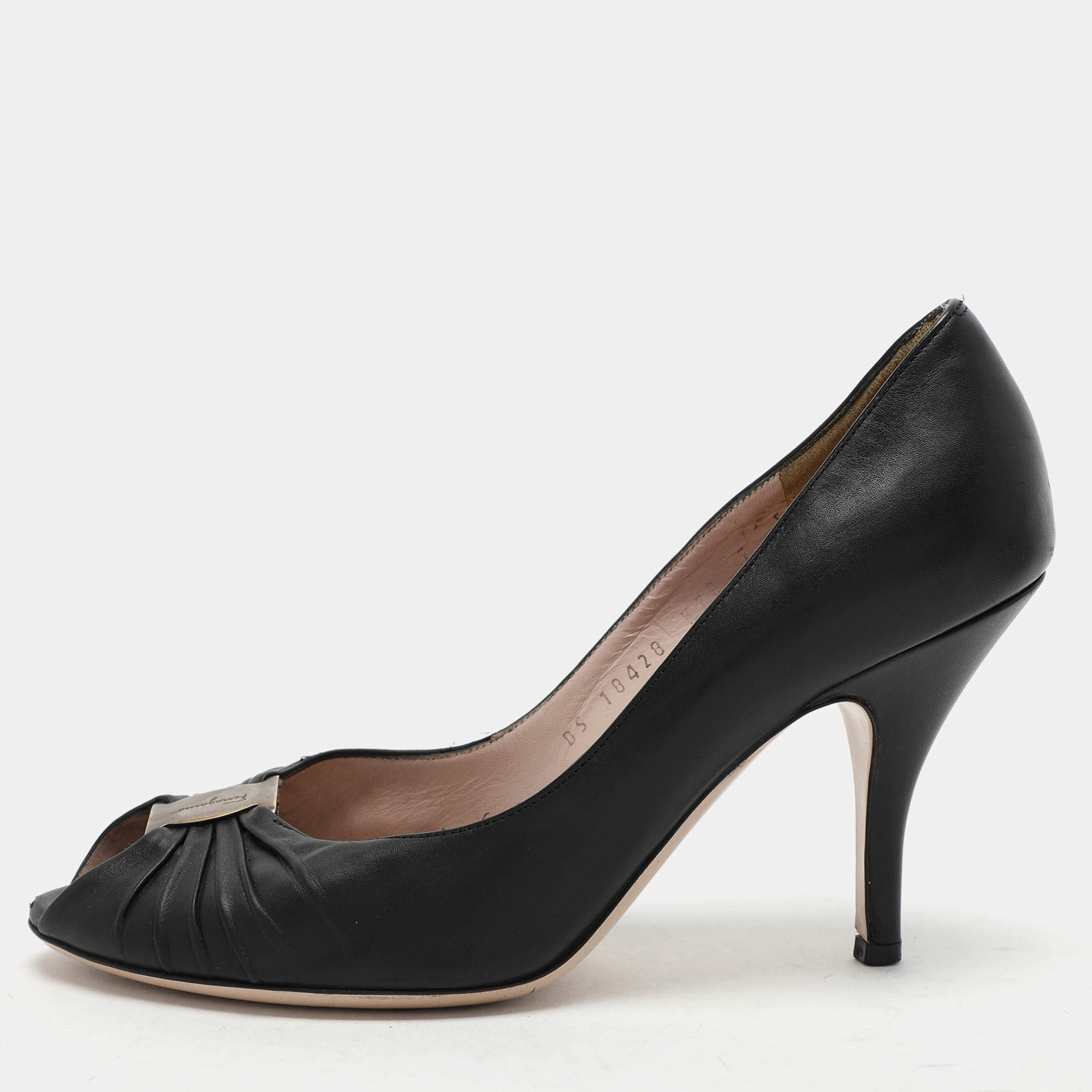 Salvatore Ferragamo Black Leather Fiberia Peep Toe Pumps Size 37.5
