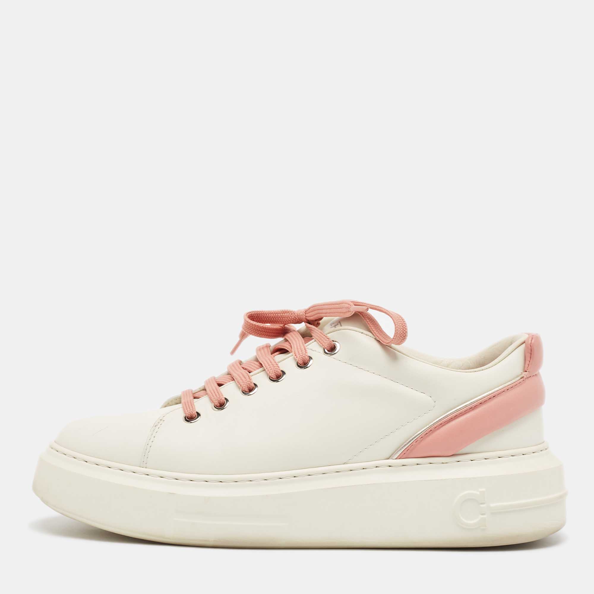 Pre Owned Salvatore Ferragamo Off White/Pink Leather Low Top Sneakers Size 38.5