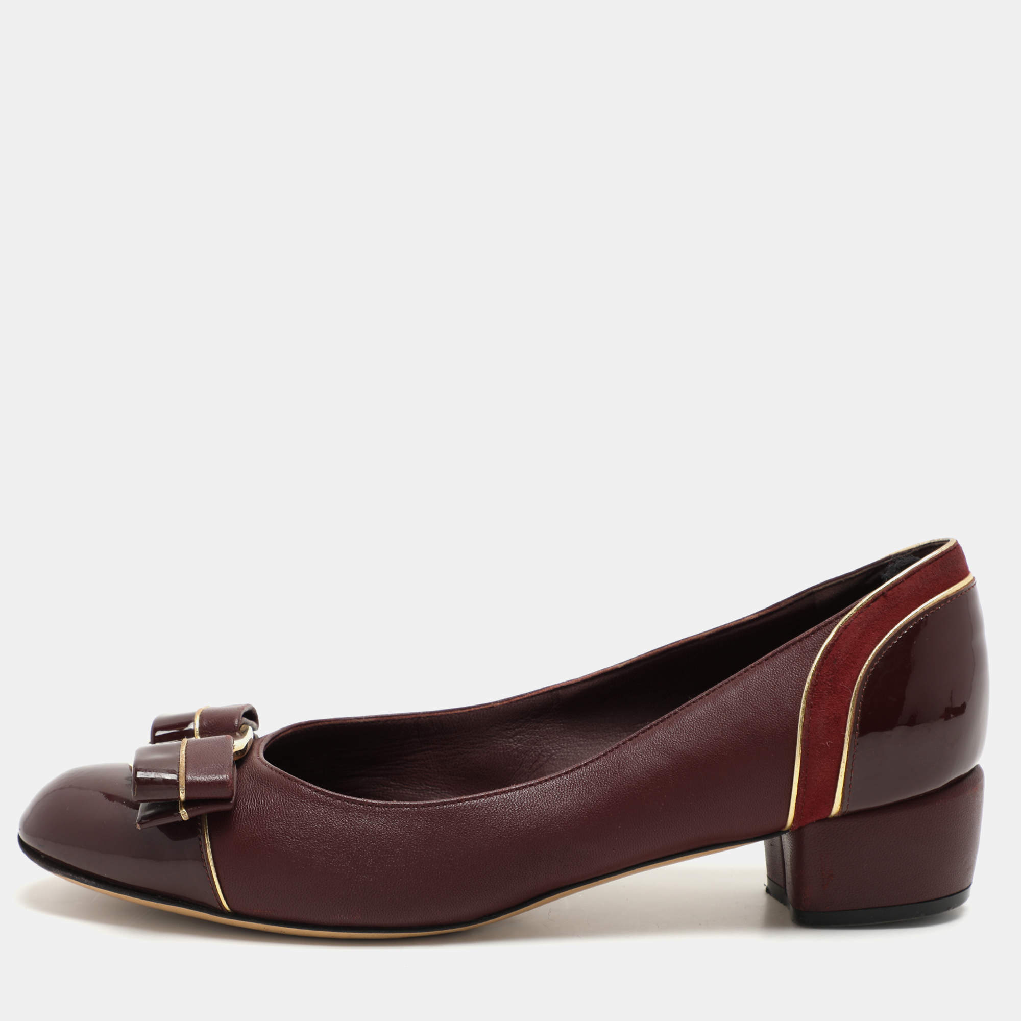 Salvatore Ferragamo Burgundy Leather and Suede Vara Bow Block Heel Pumps Size 35.5