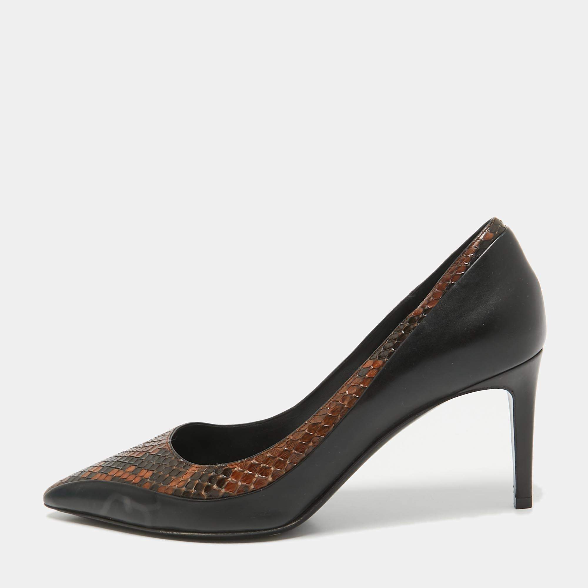 Salvatore Ferragamo Black Leather and Python Leather Pointed Toe Pumps Size 39.5
