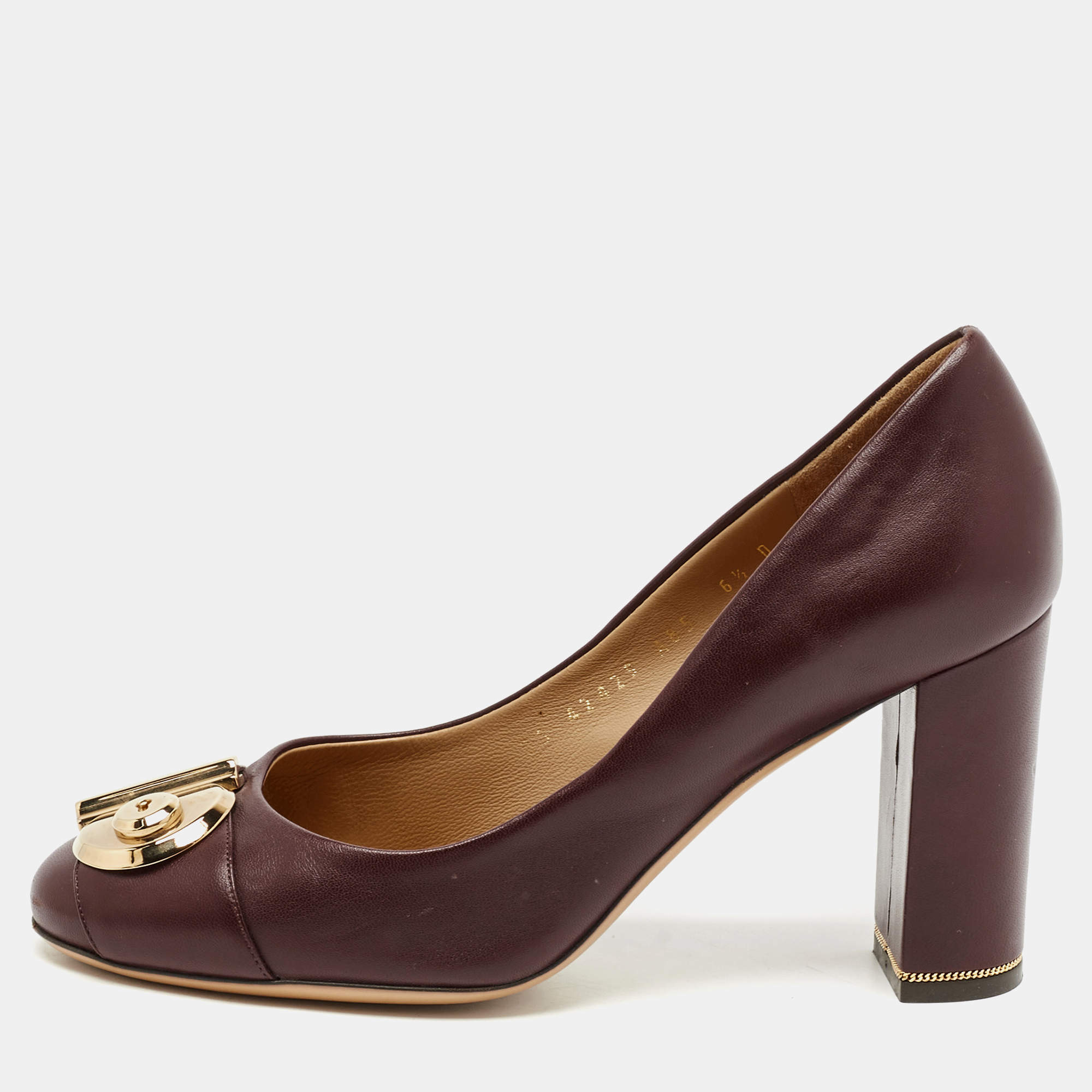 Pre Owned Salvatore Ferragamo Burgundy Leather Fiamma Block Heel Pumps Size 37
