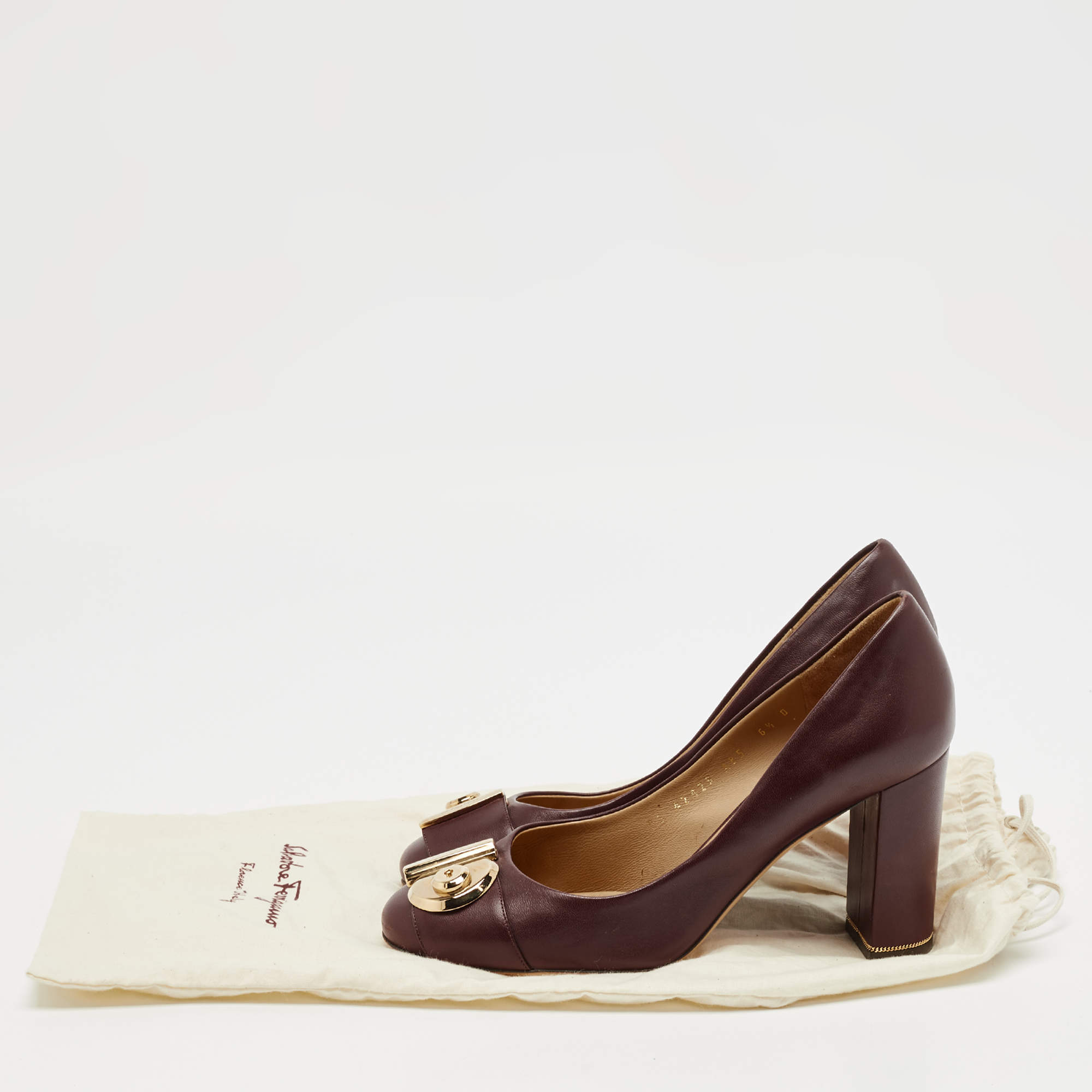 Pre Owned Salvatore Ferragamo Burgundy Leather Fiamma Block Heel Pumps Size 37