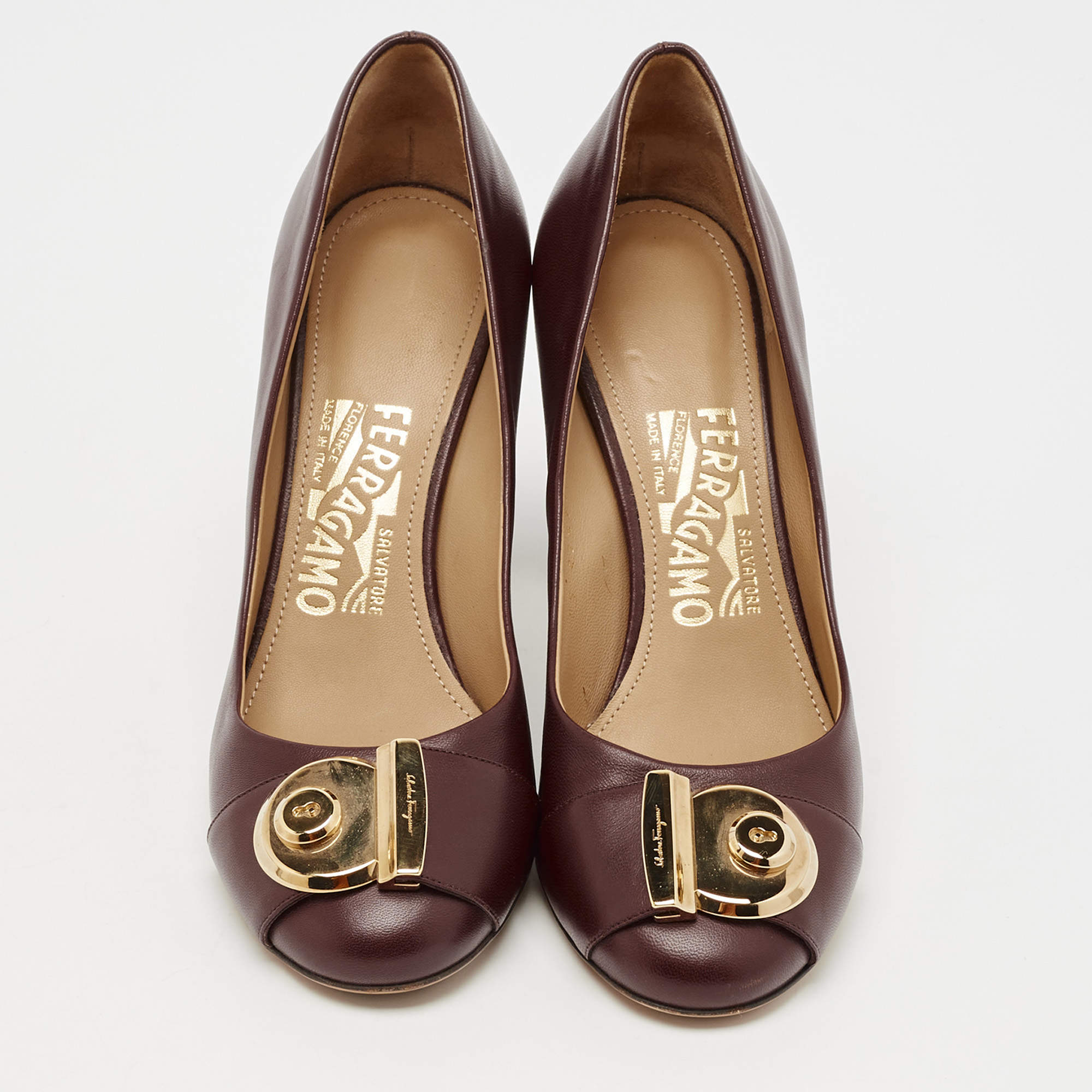 Pre Owned Salvatore Ferragamo Burgundy Leather Fiamma Block Heel Pumps Size 37