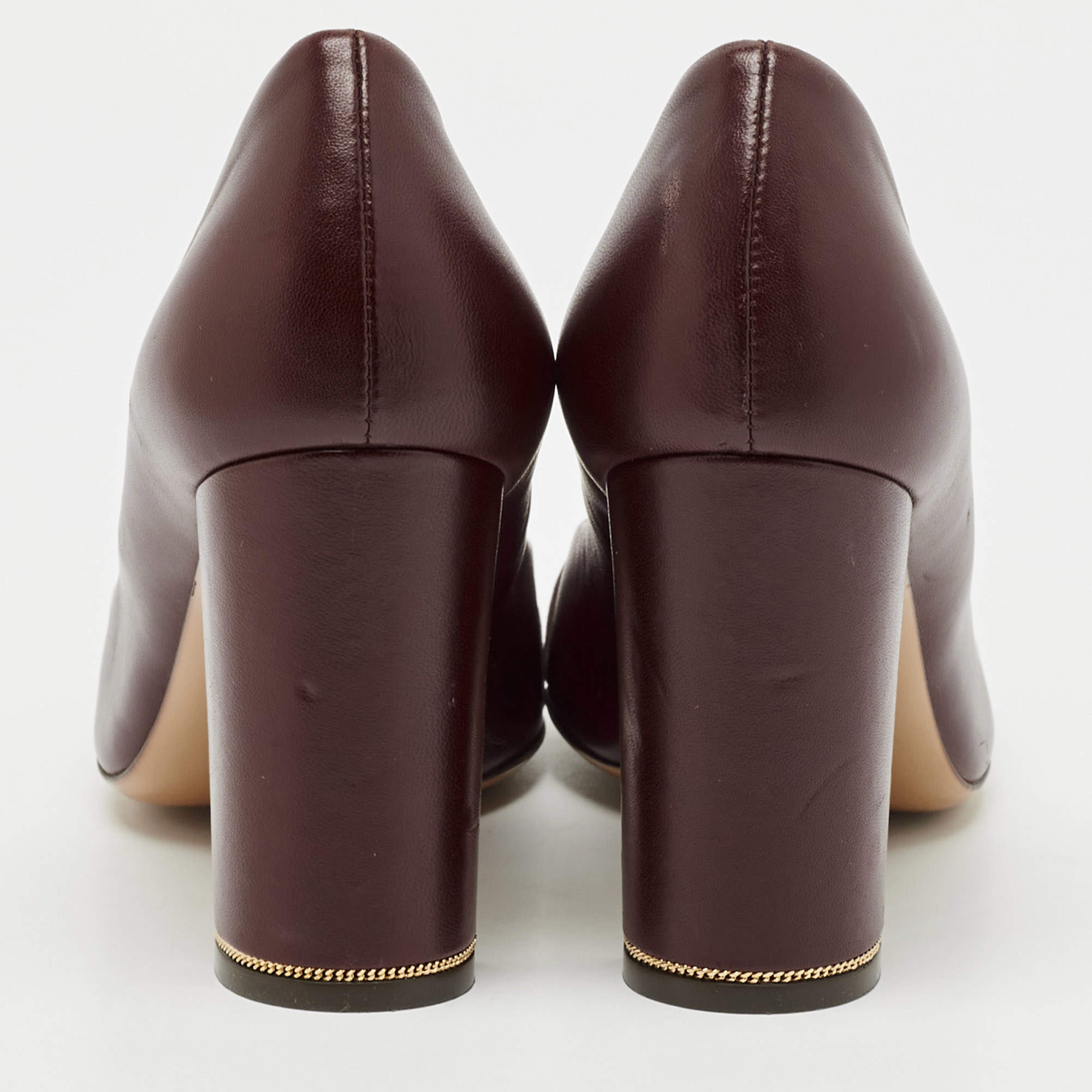 Pre Owned Salvatore Ferragamo Burgundy Leather Fiamma Block Heel Pumps Size 37