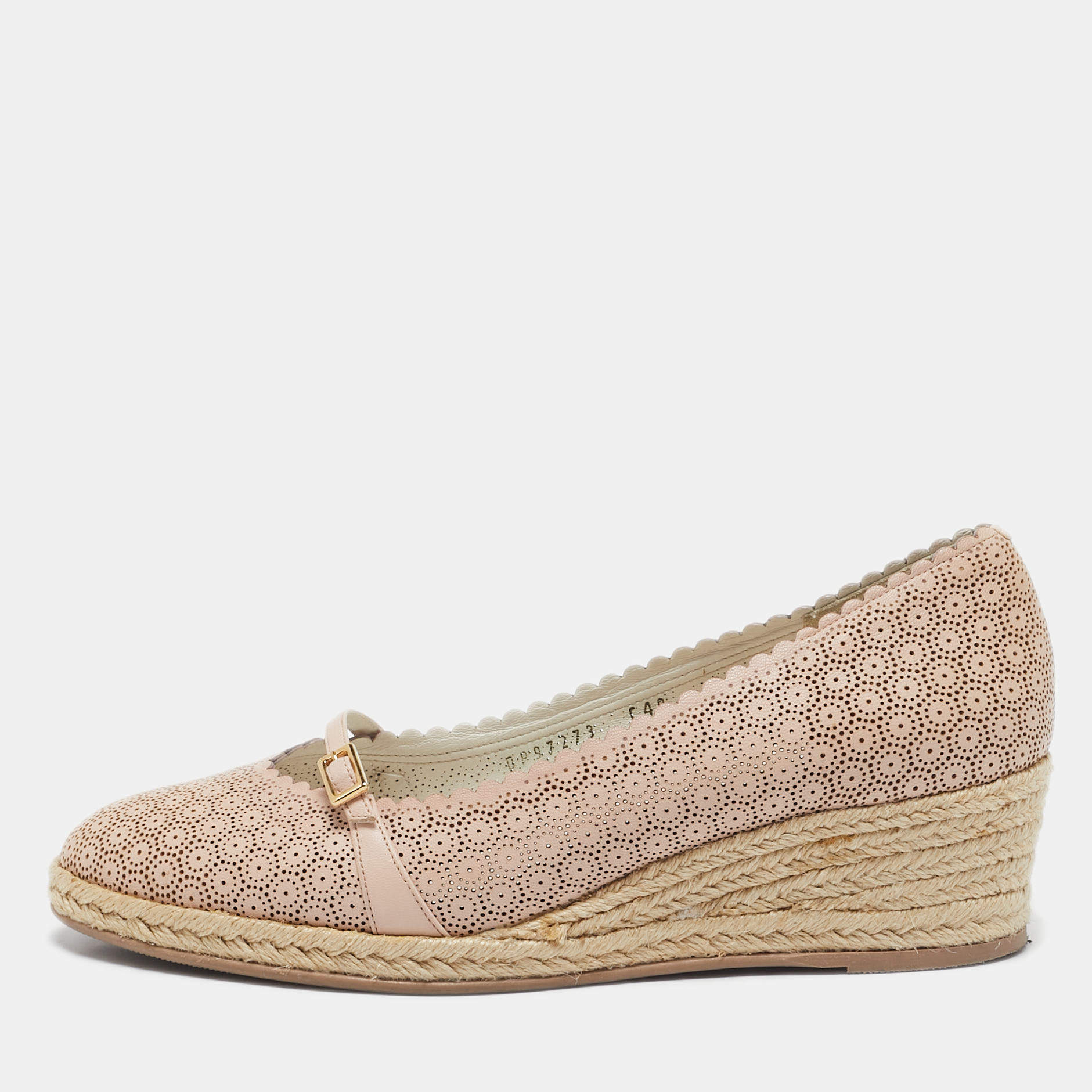 Salvatore Ferragamo Beige Leather Wedge Espadrille Pumps Size 39.5