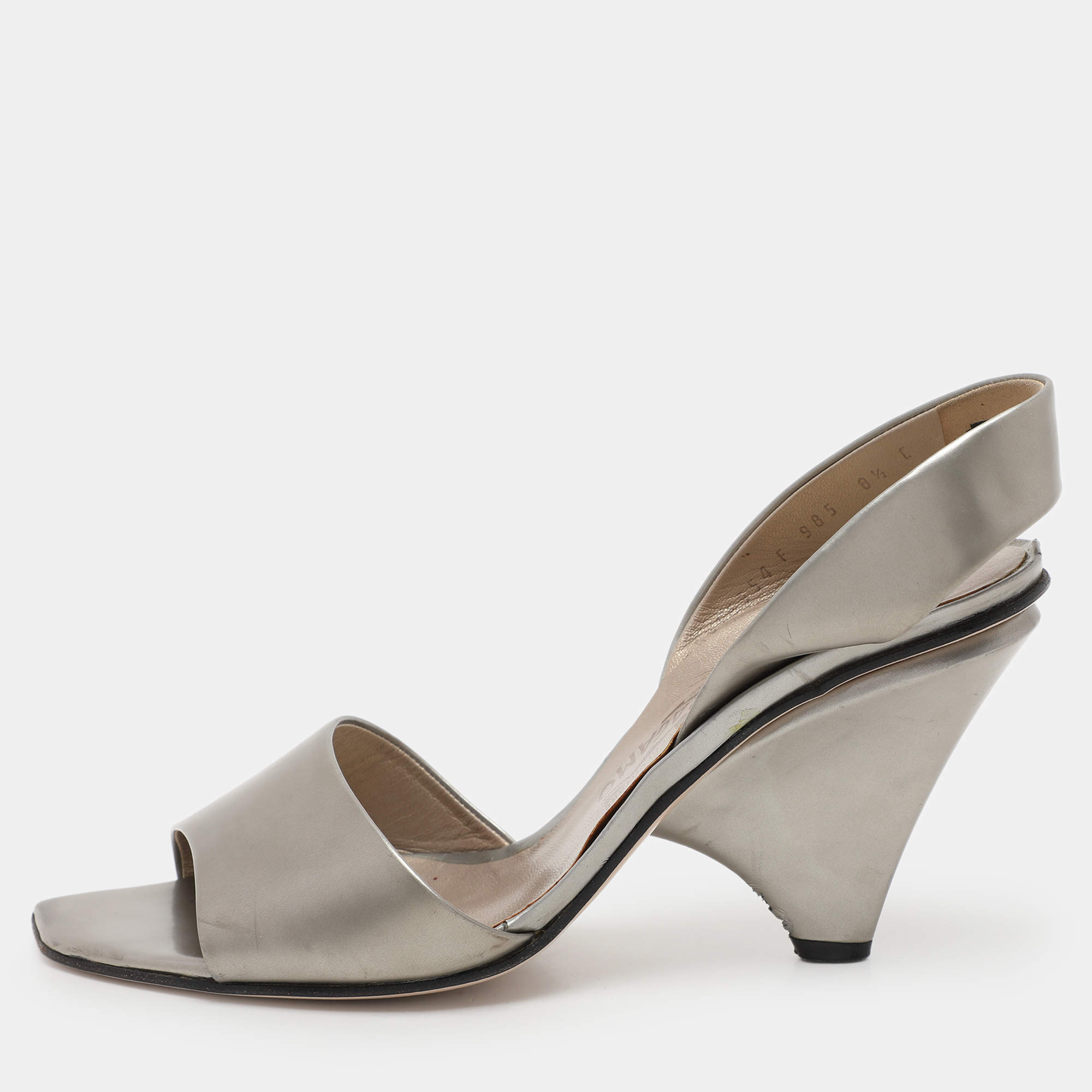 Salvatore Ferragamo Silver Leather Slingback Sandals Size 39