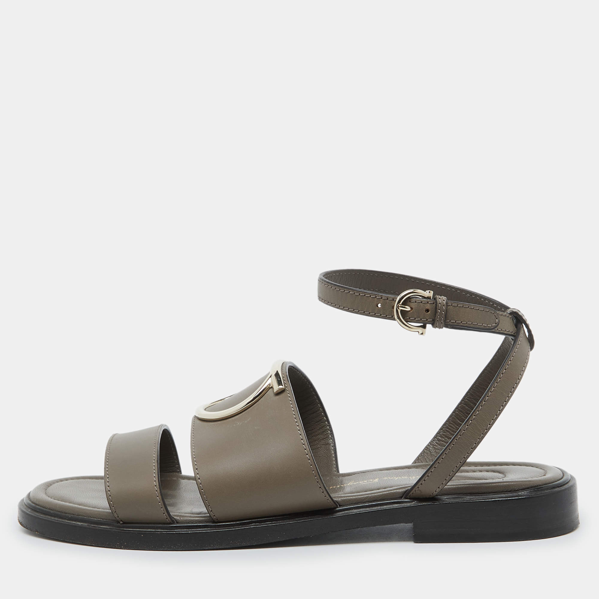 Salvatore Ferragamo Taupe Grey Leather Ankle Strap Flat Sandals Size 38