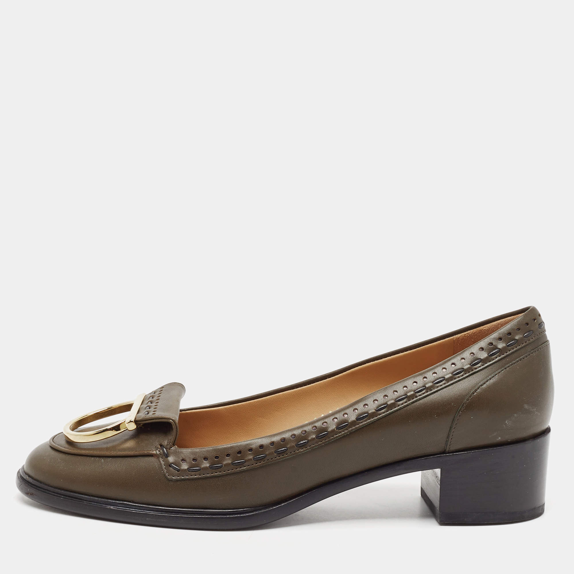 Salvatore Ferragamo Olive Green Leather Fele Loafer Pumps Size 38
