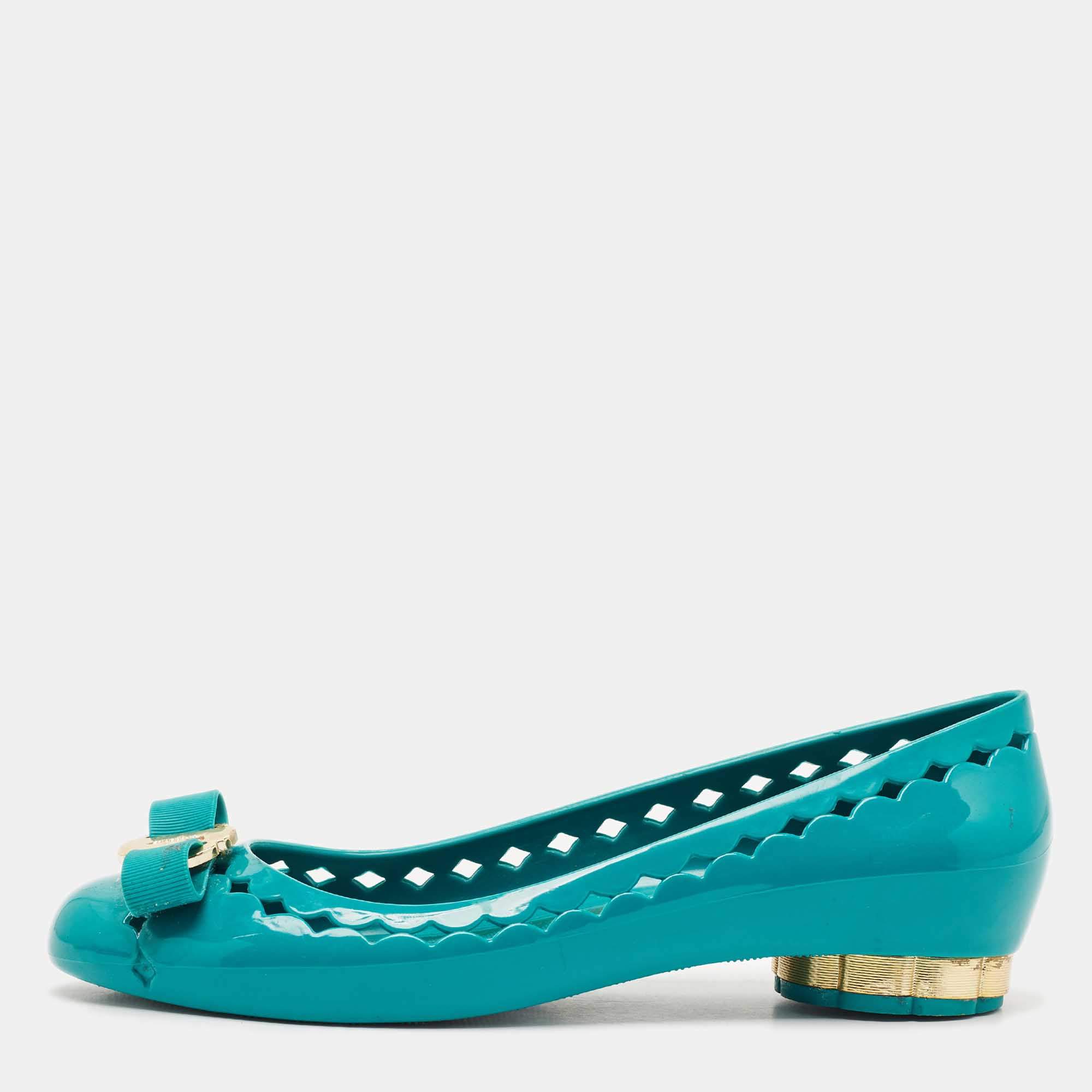 Salvatore Ferragamo Teal Green Rubber Vara Bow Ballet Flats Size 37.5