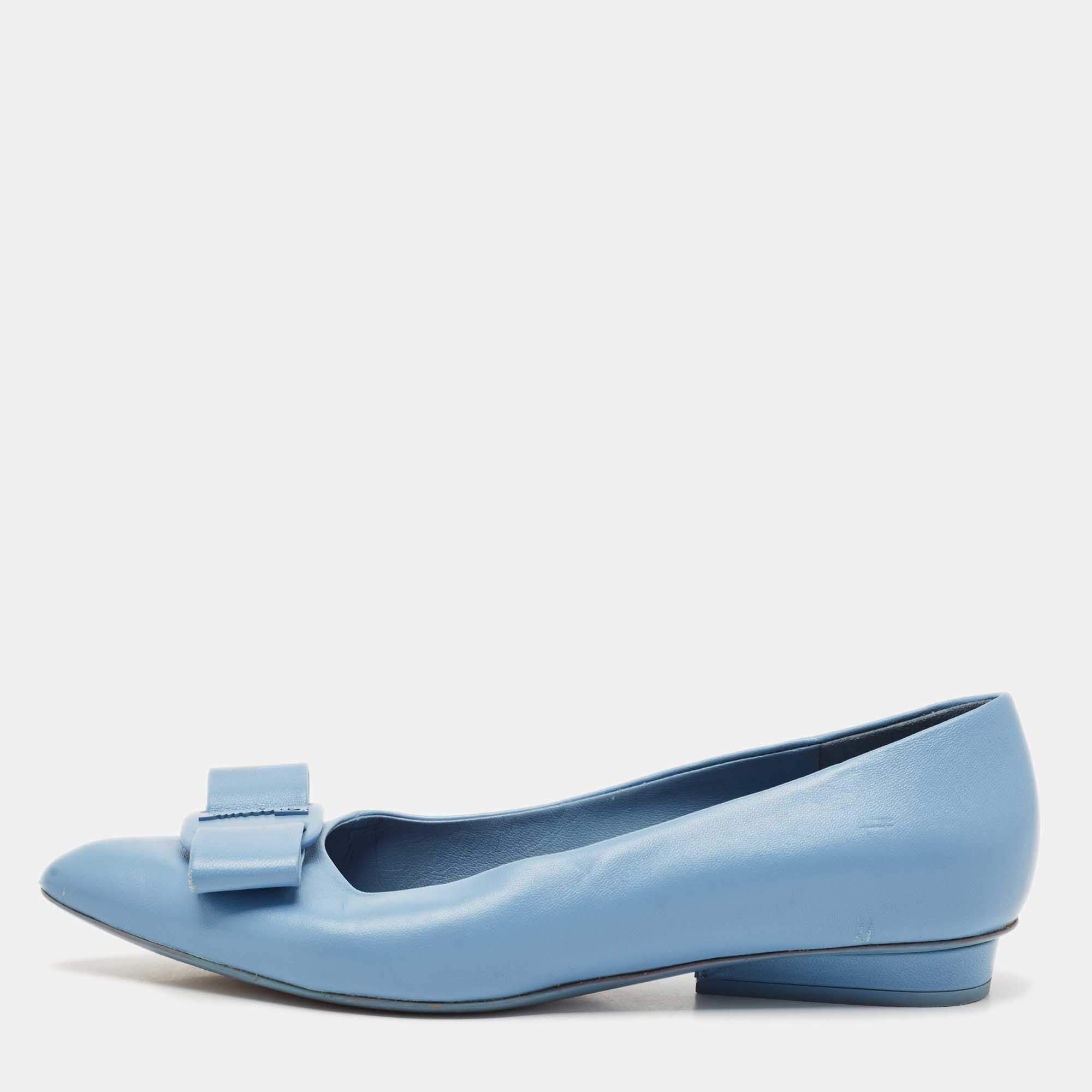 Salvatore Ferragamo Light Blue Leather Viva Bow Ballet Flats Size 36.5