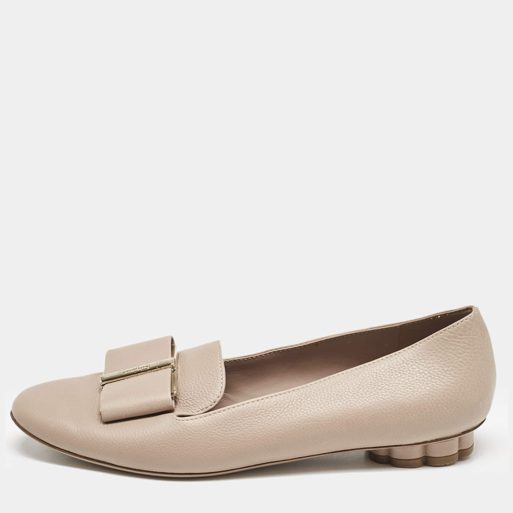 Salvatore Ferragamo Beige Leather Bow Smoking Slippers Size 37