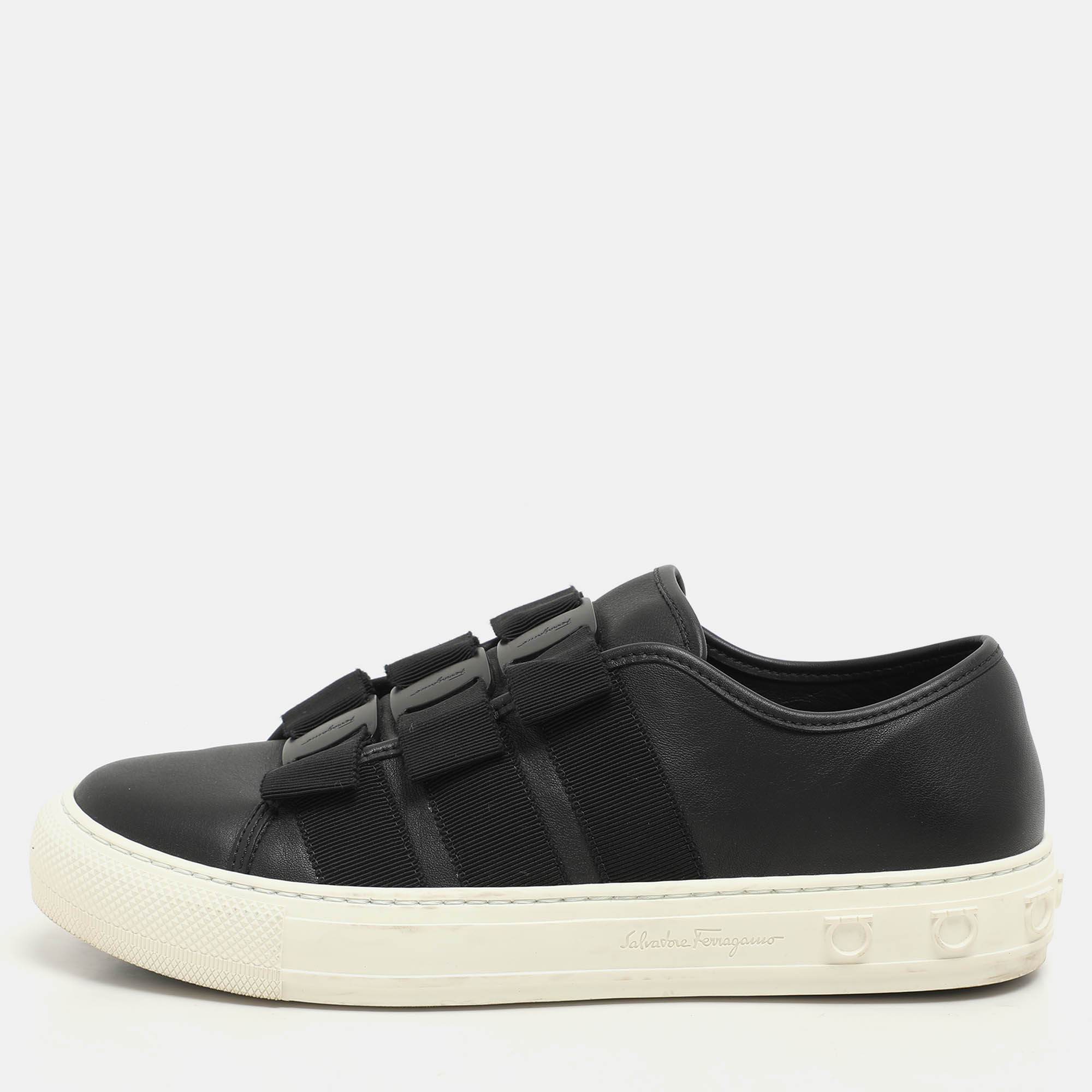 Salvatore Ferragamo Black Leather Vara Bow Trio Slip On Sneakers Size 38.5