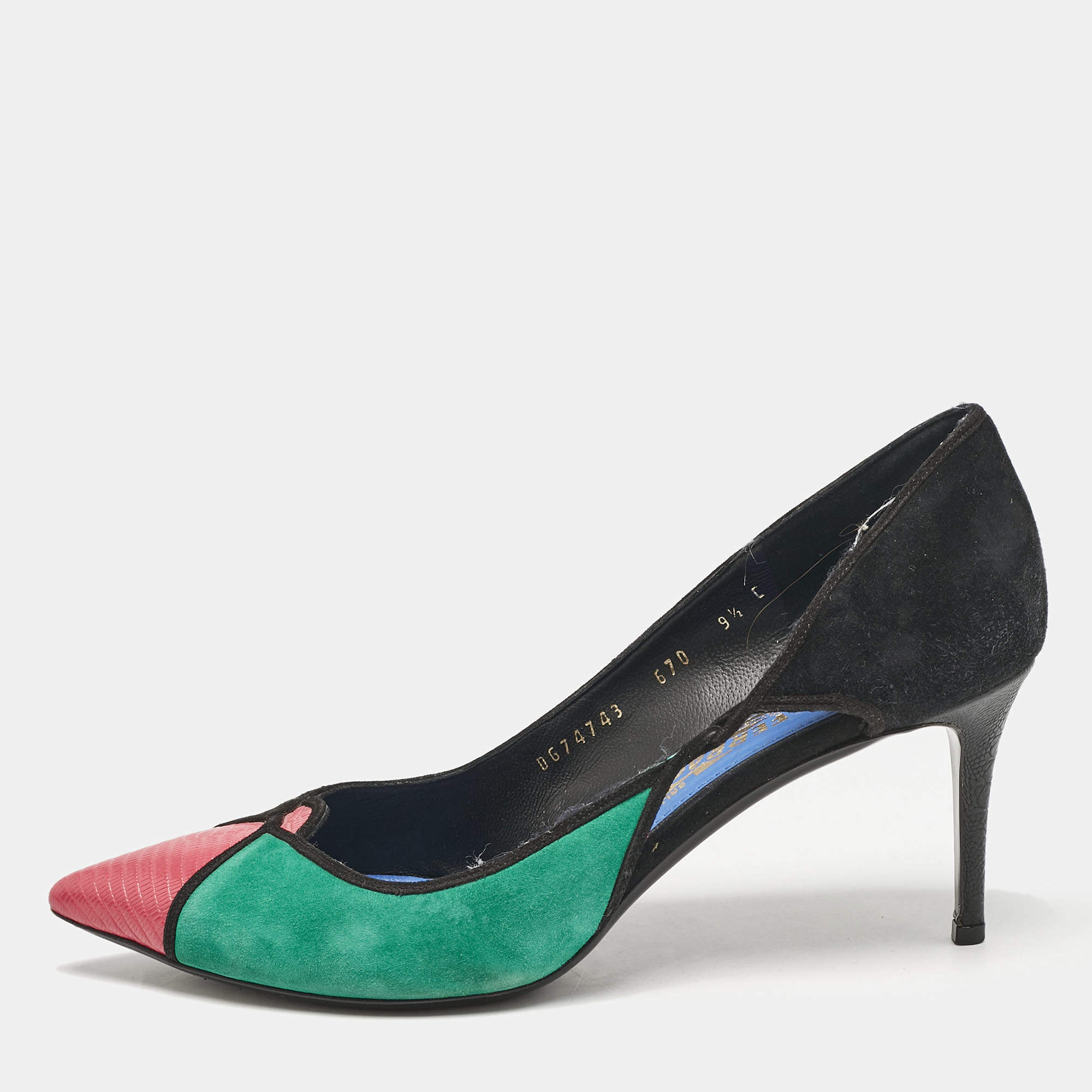 Pre Owned Salvatore Ferragamo Multicolor Lizard Leather and Ostrich Leather Cut Out Pumps Size 40