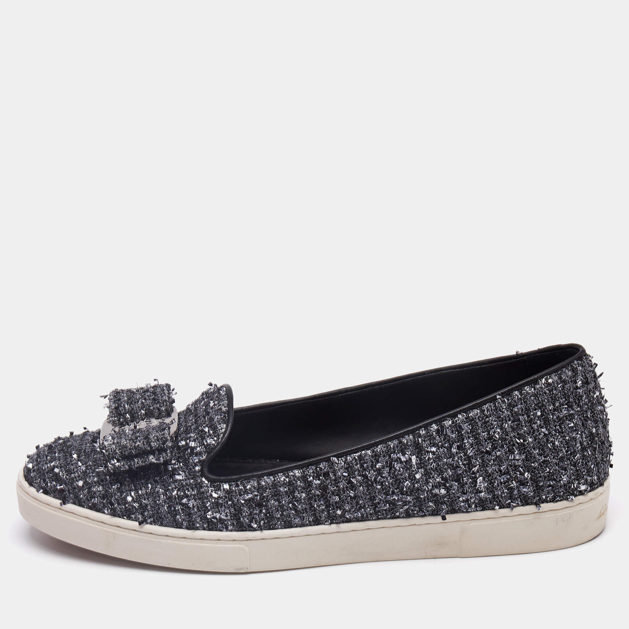 Salvatore Ferragamo Grey Tweed Novello Slip On Sneakers Size 37.5