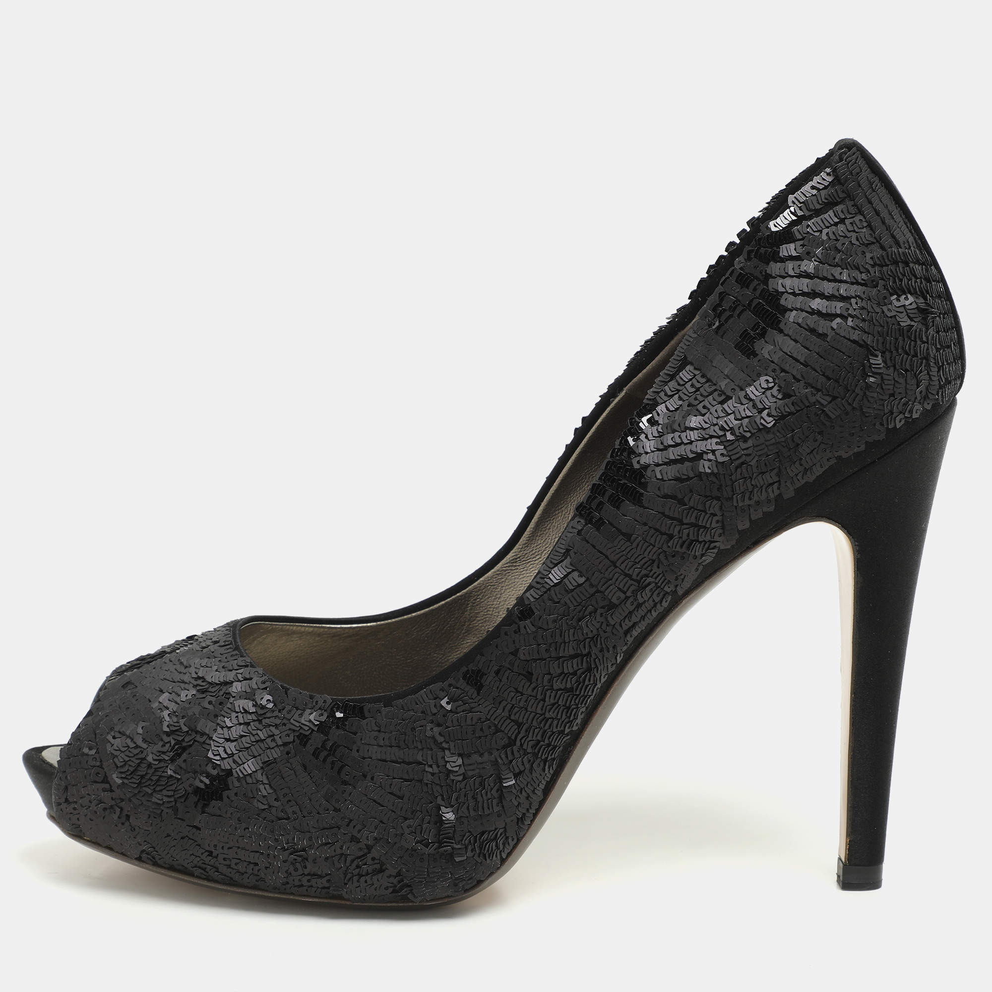 Pre Owned Salvatore Ferragamo Black Satin and Sequins Embellished Peep Toe Pumps Size 40