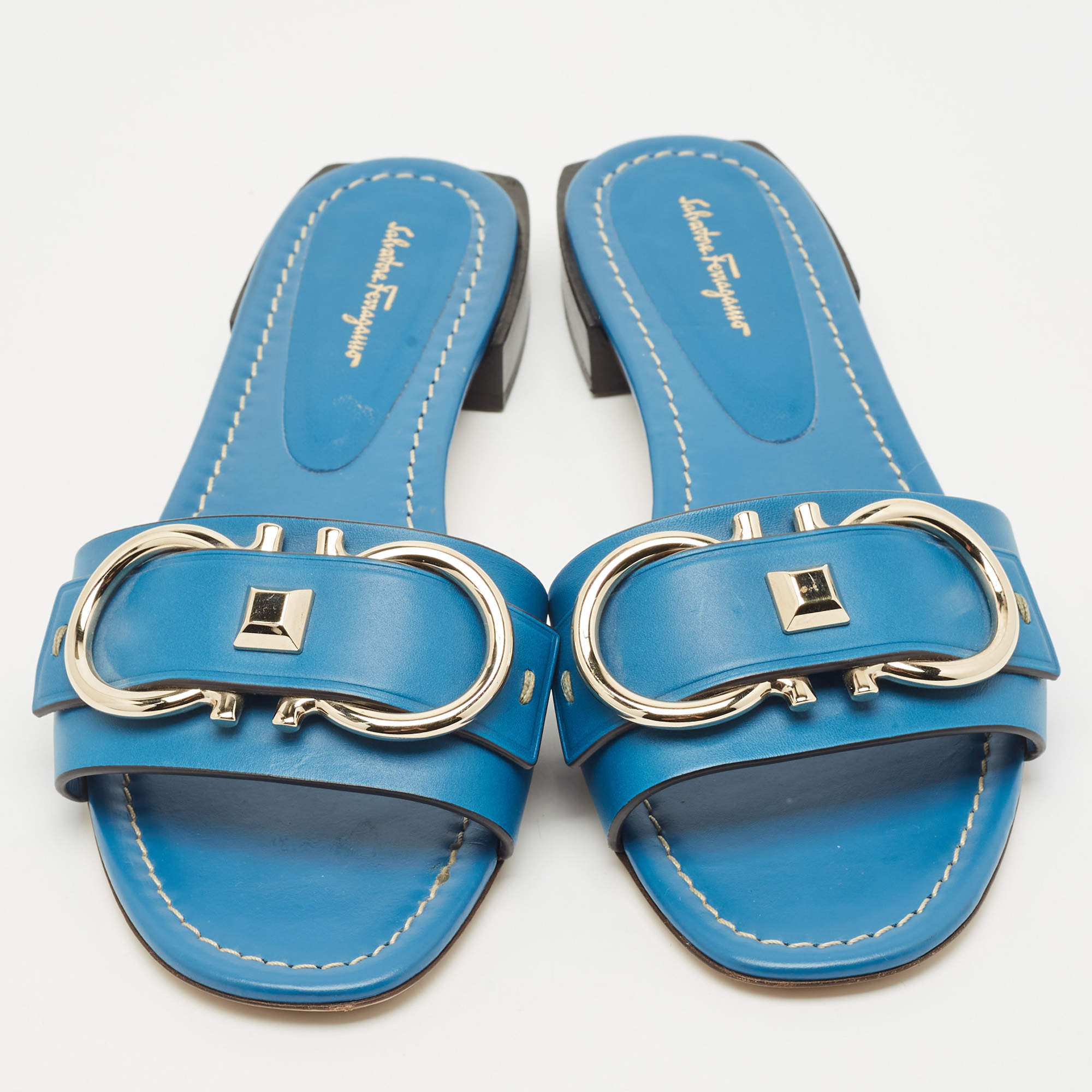 Pre Owned Salvatore Ferragamo Blue Leather Gancini Flat Slides Size 39.5