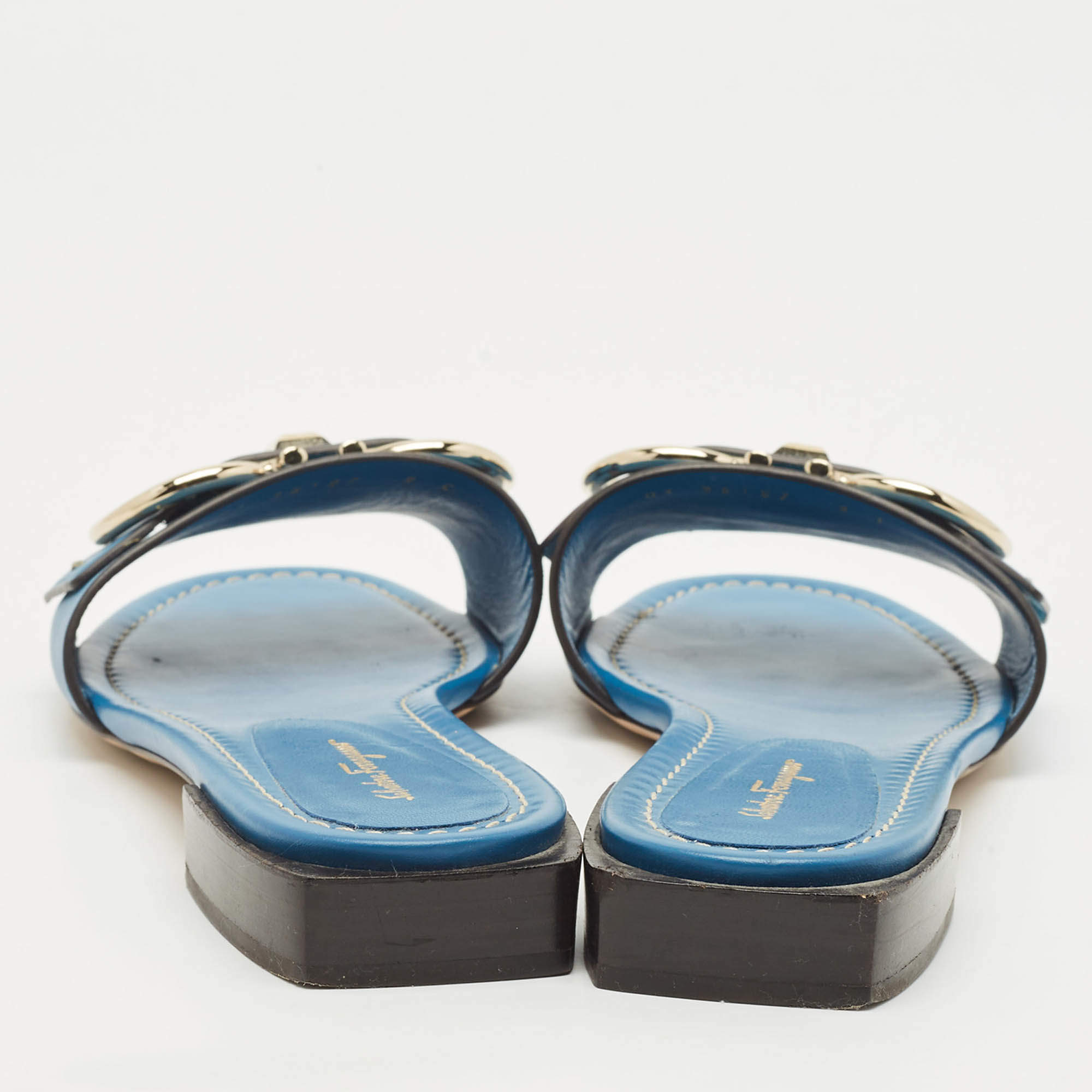 Pre Owned Salvatore Ferragamo Blue Leather Gancini Flat Slides Size 39.5