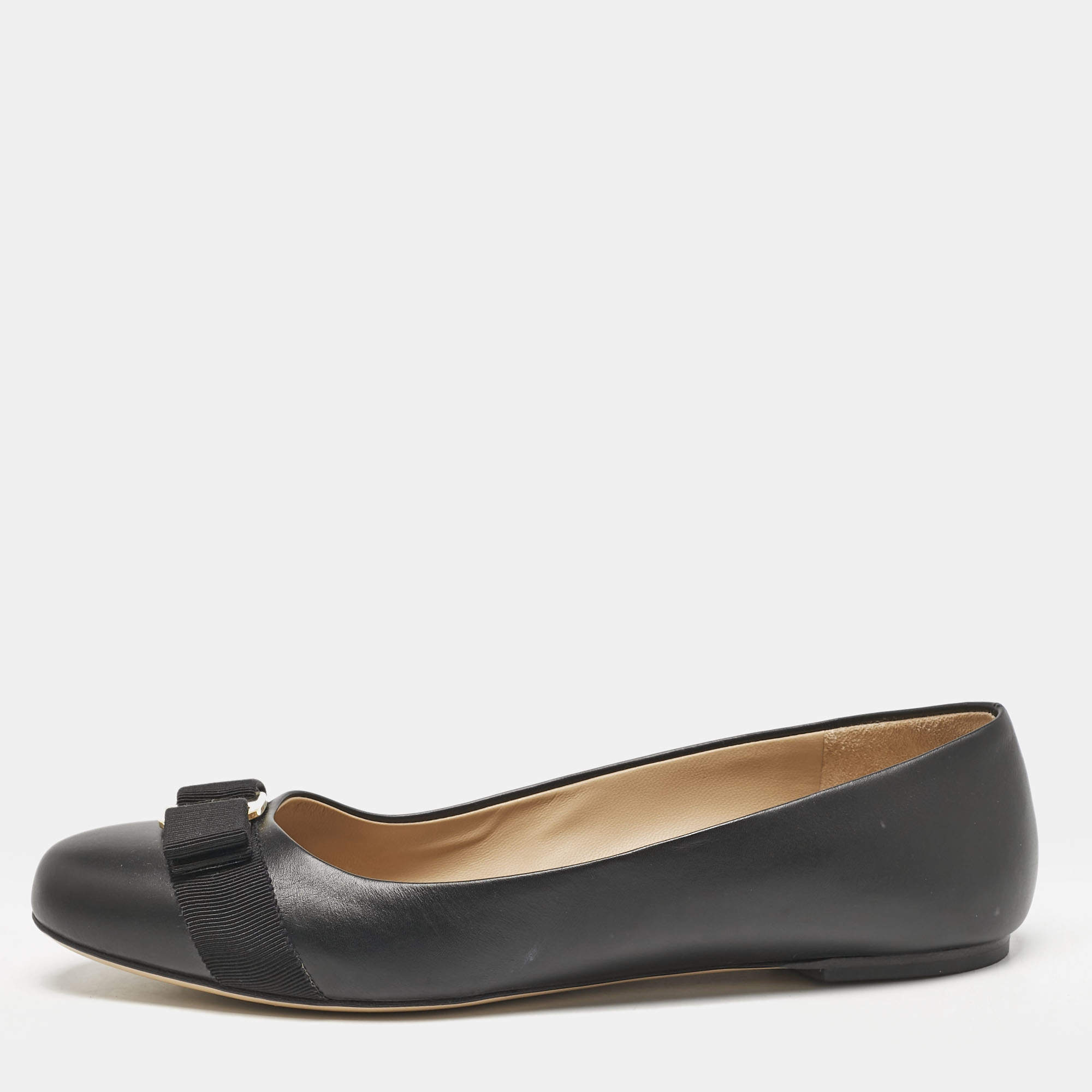 Salvatore Ferragamo Black Leather Vara Bow Ballet Flats Size 40.5