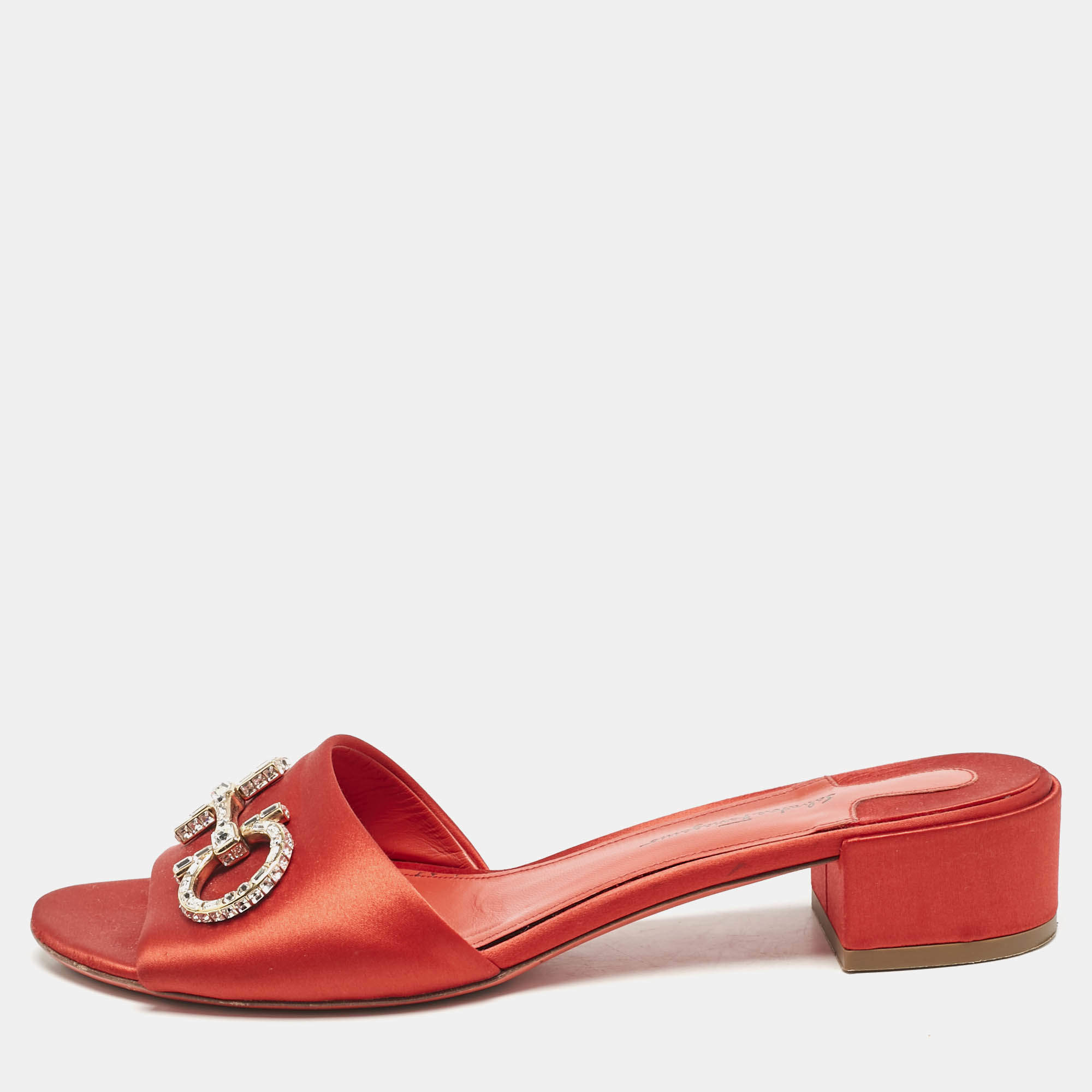 Salvatore Ferragamo Red Satin Crystal Embellished Gancini Logo Slide Sandals Size 39.5