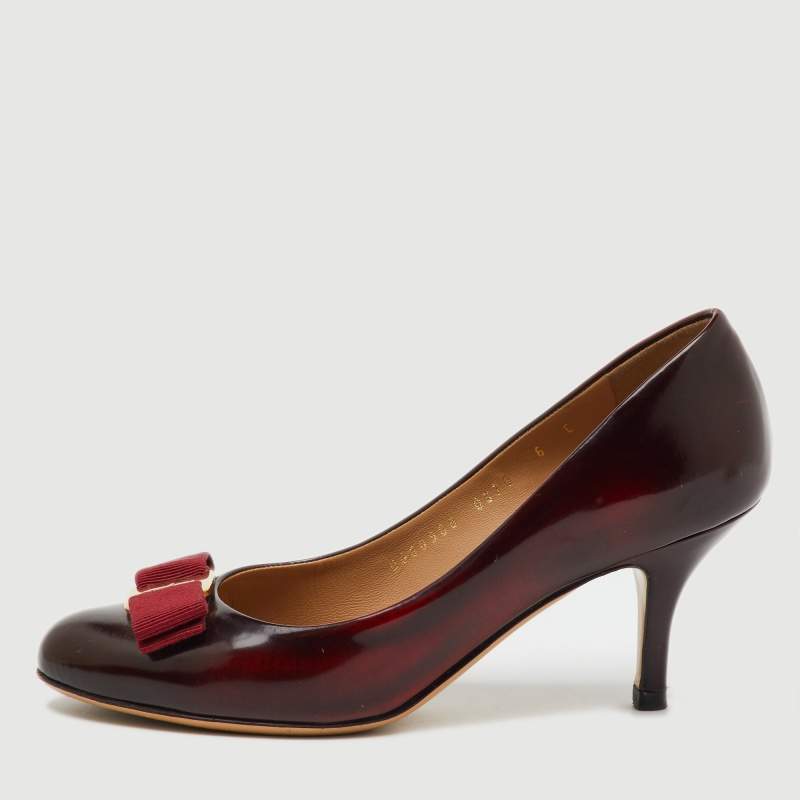 Salvatore Ferragamo Burgundy Leather Vara Bow Pumps Size 36.5