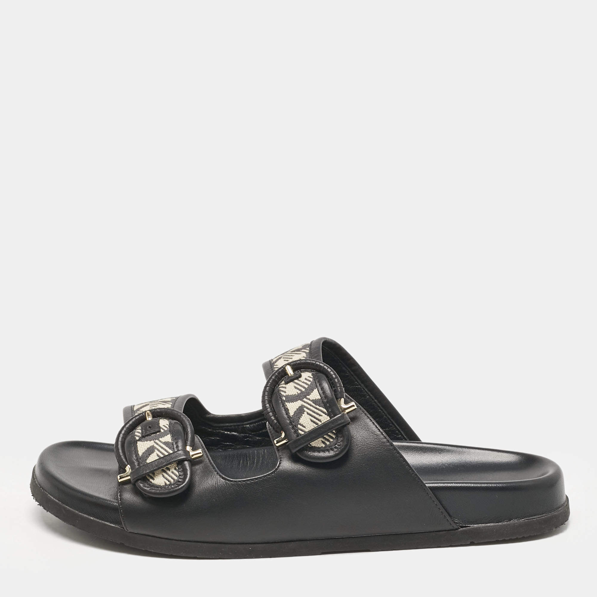 Salvatore Ferragamo Black/Off White Logo Print Fabric and Leather Gairo T Flat Slides Size 39.5