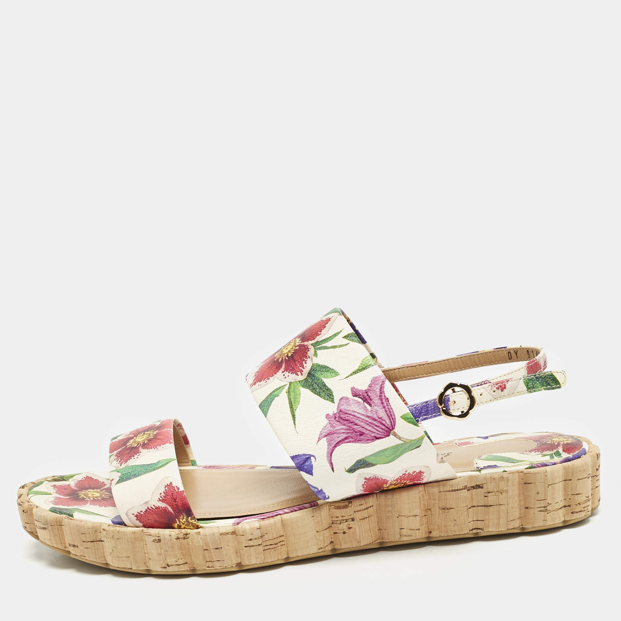 Salvatore Ferragamo Multicolor Floral Print Leather Lusia Flat Sandals Size 38.5