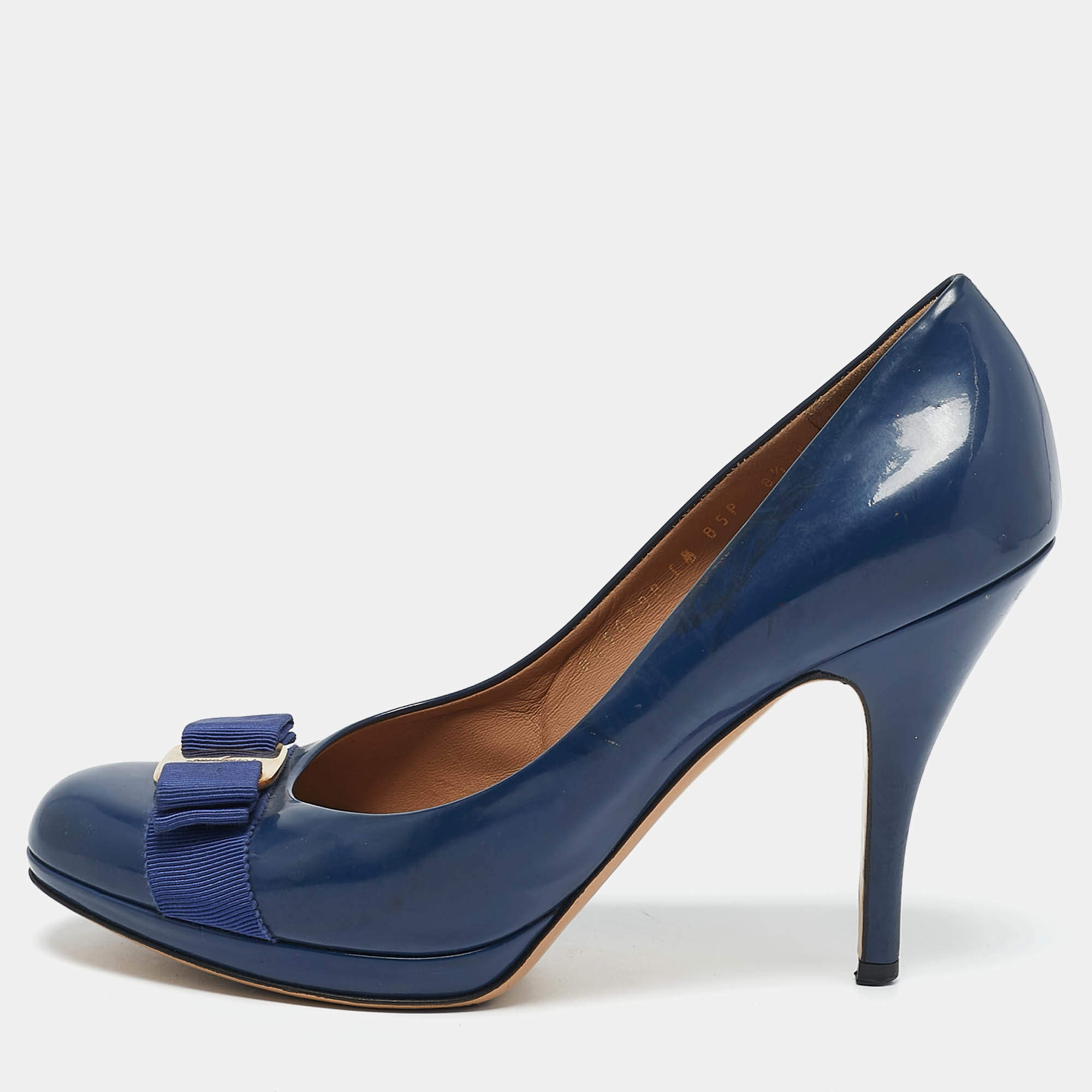 Salvatore Ferragamo Blue Patent Leather Vara Bow Pumps Size 39