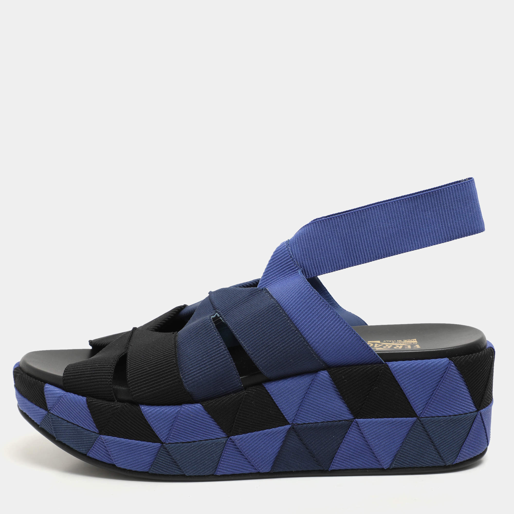 Salvatore Ferragamo Blue/Black Colorblock Stretch Fabric Wedge Platform Sandals Size 39