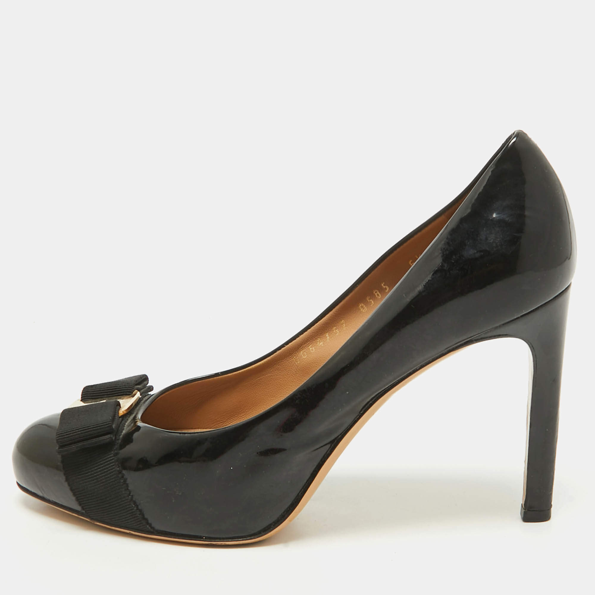 Salvatore Ferragamo Black Patent Leather Vara Bow Pumps Size 37