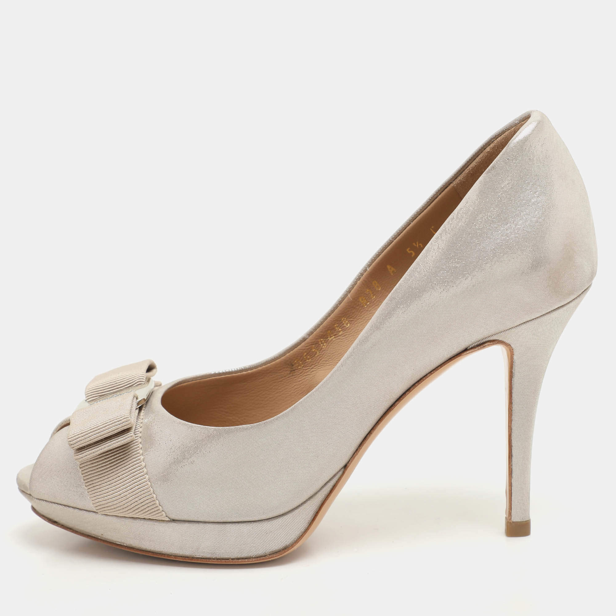 Salvatore Ferragamo Gold Nubuck Leather Talia Peep Toe Pumps Size 36