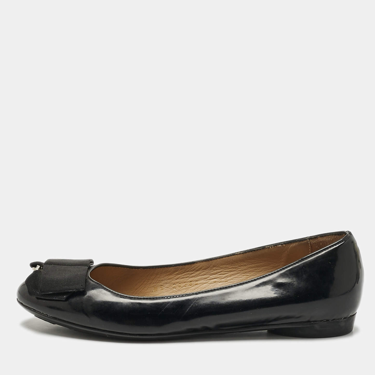 Pre Owned Salvatore Ferragamo Black Patent Leather Bow Ballet Flats Size 35.5