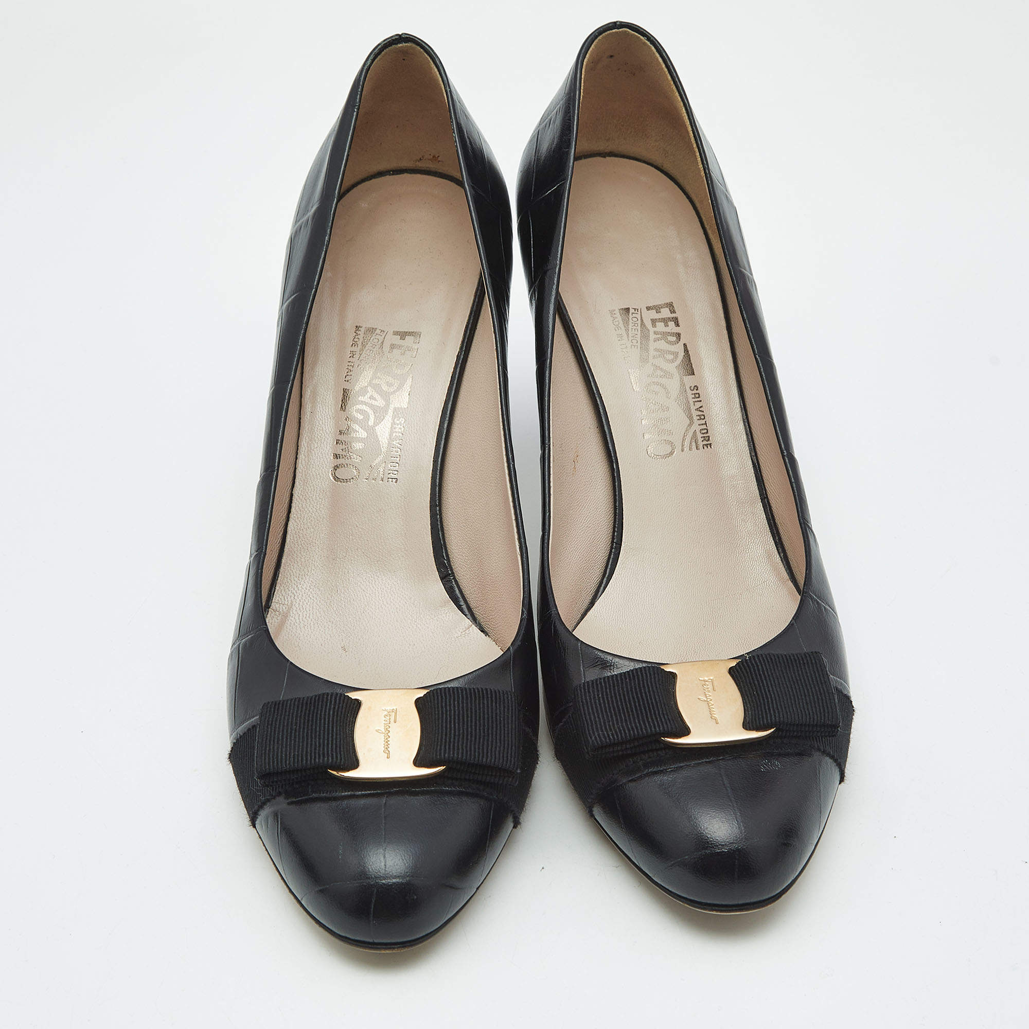 Salvatore Ferragamo Black Croc Embossed Leather Vara Bow