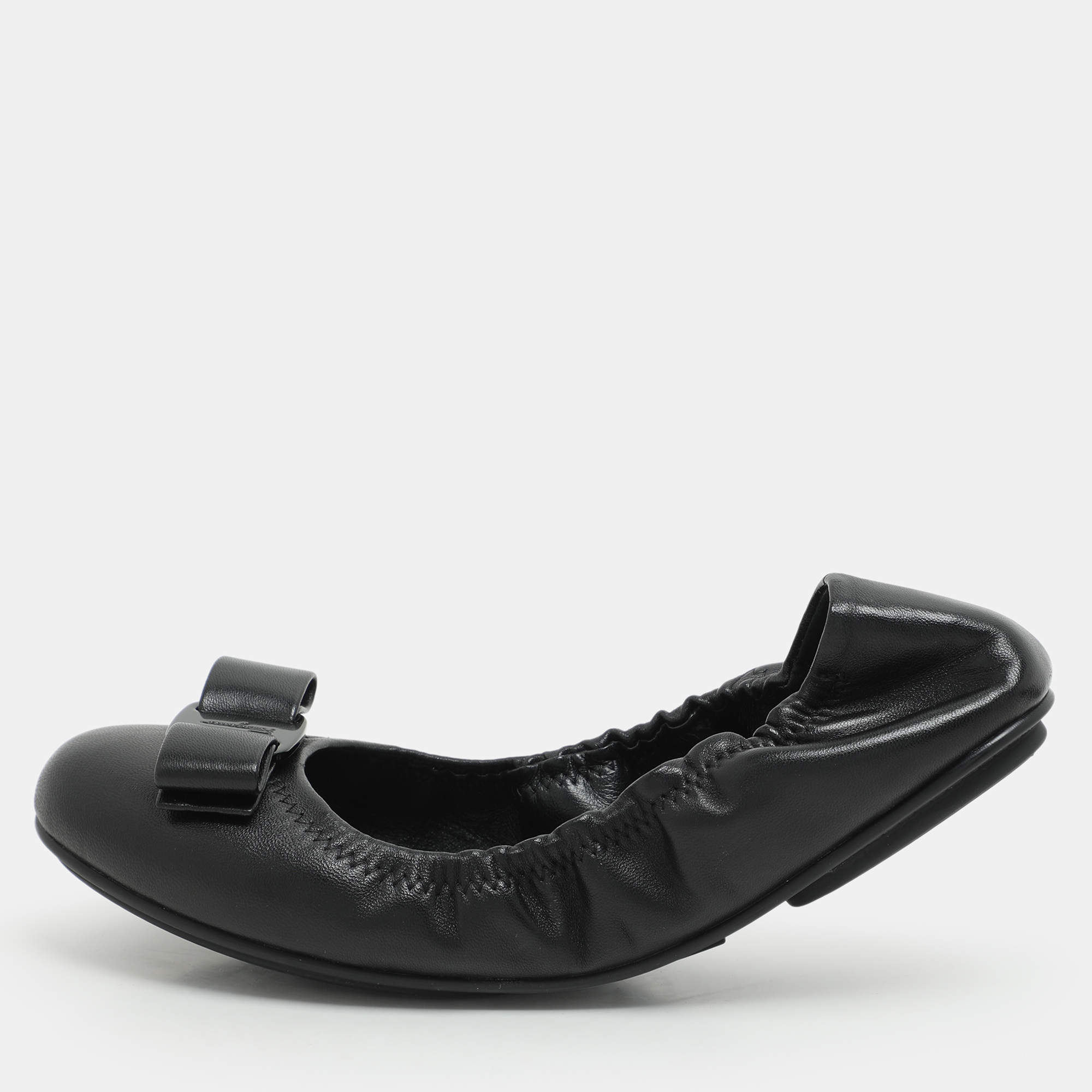 Pre Owned Salvatore Ferragamo Black Leather Vara Bow Ballet Flats Size 37