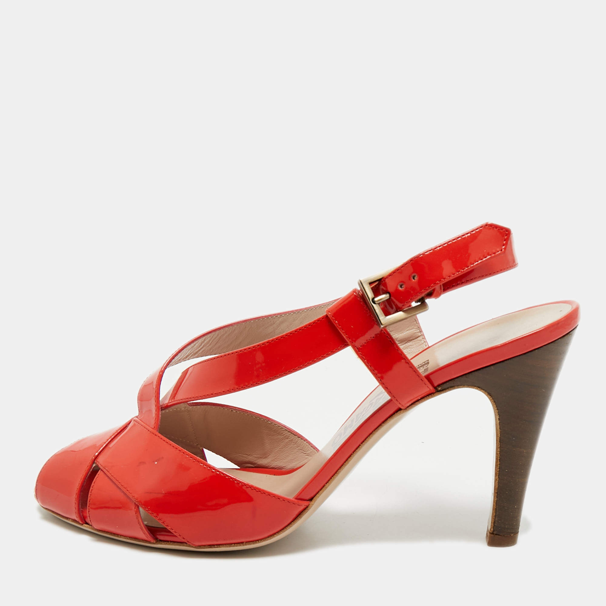 Pre Owned Salvatore Ferragamo Orange Patent Peep Toe Slingback Pumps Size 38.5