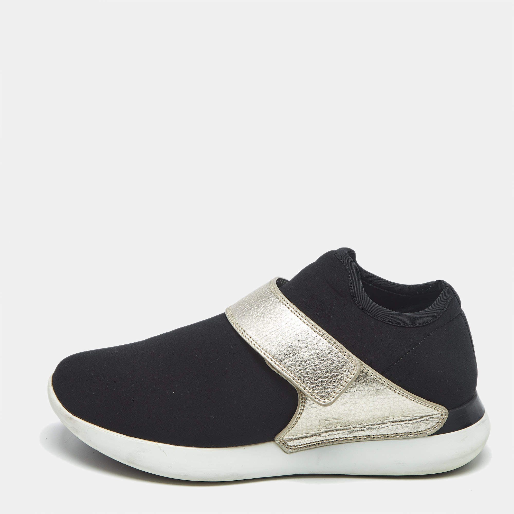 Pre Owned Salvatore Ferragamo Black/Gold Leather and Neoprene Palau Sneakers Size 38.5