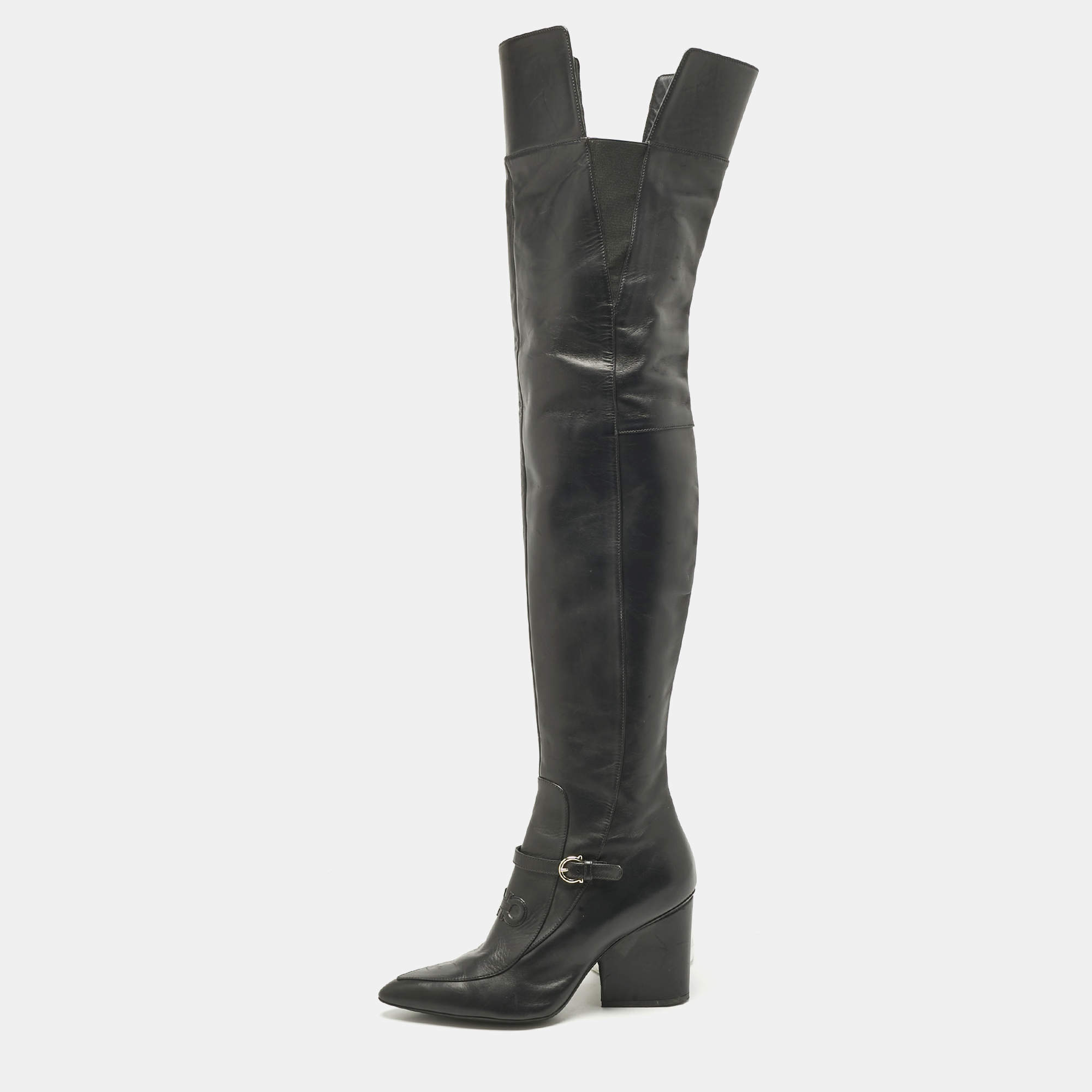 Pre Owned Salvatore Ferragamo Black Leather Thigh High Boots Size 40
