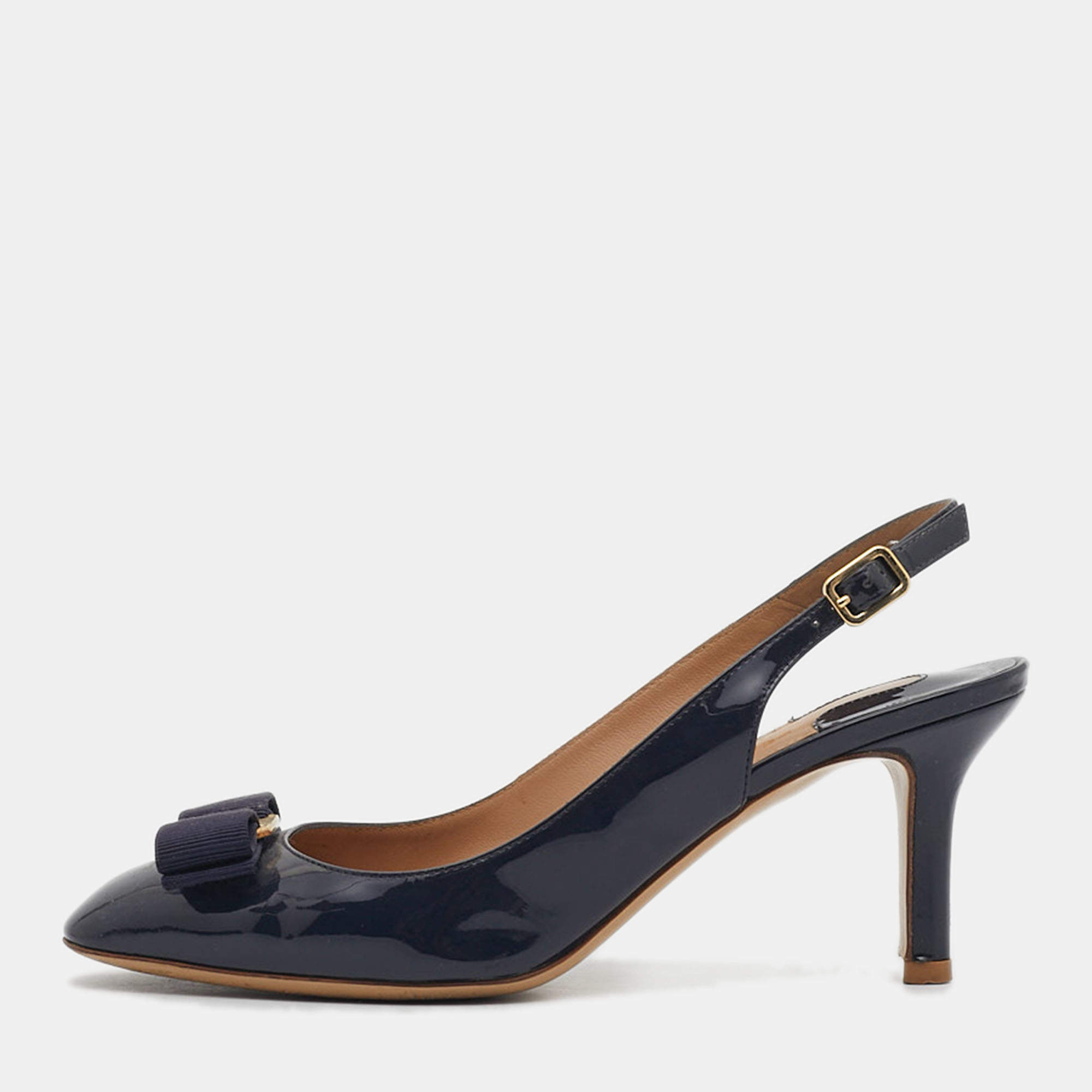 Pre Owned Salvatore Ferragamo Navy Blue Patent Leather Bow Slingback Pumps Size 37