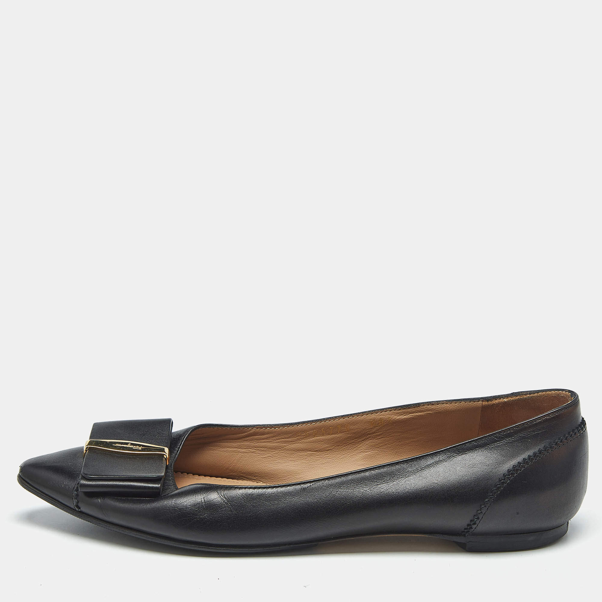 Pre Owned Salvatore Ferragamo Black Leather Vara Bow Ballet Flats Size 37.5