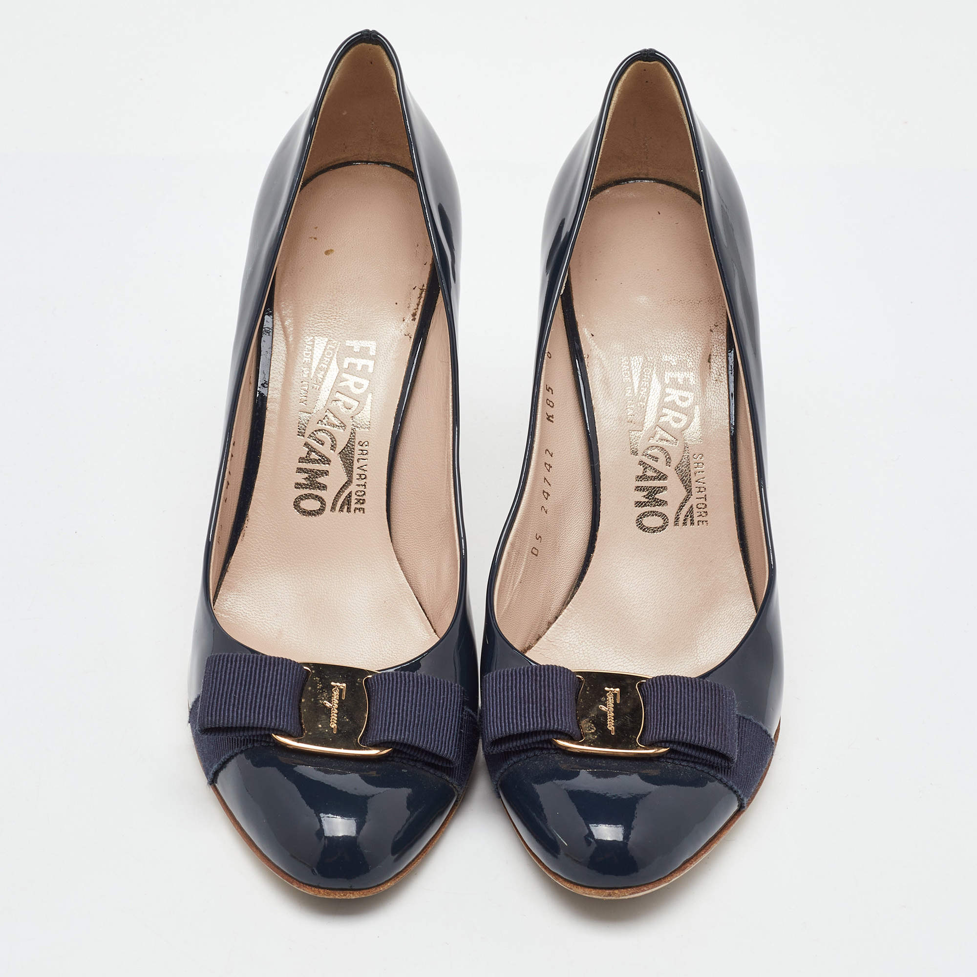 Salvatore Ferragamo Black Patent Leather Alice Block Heel