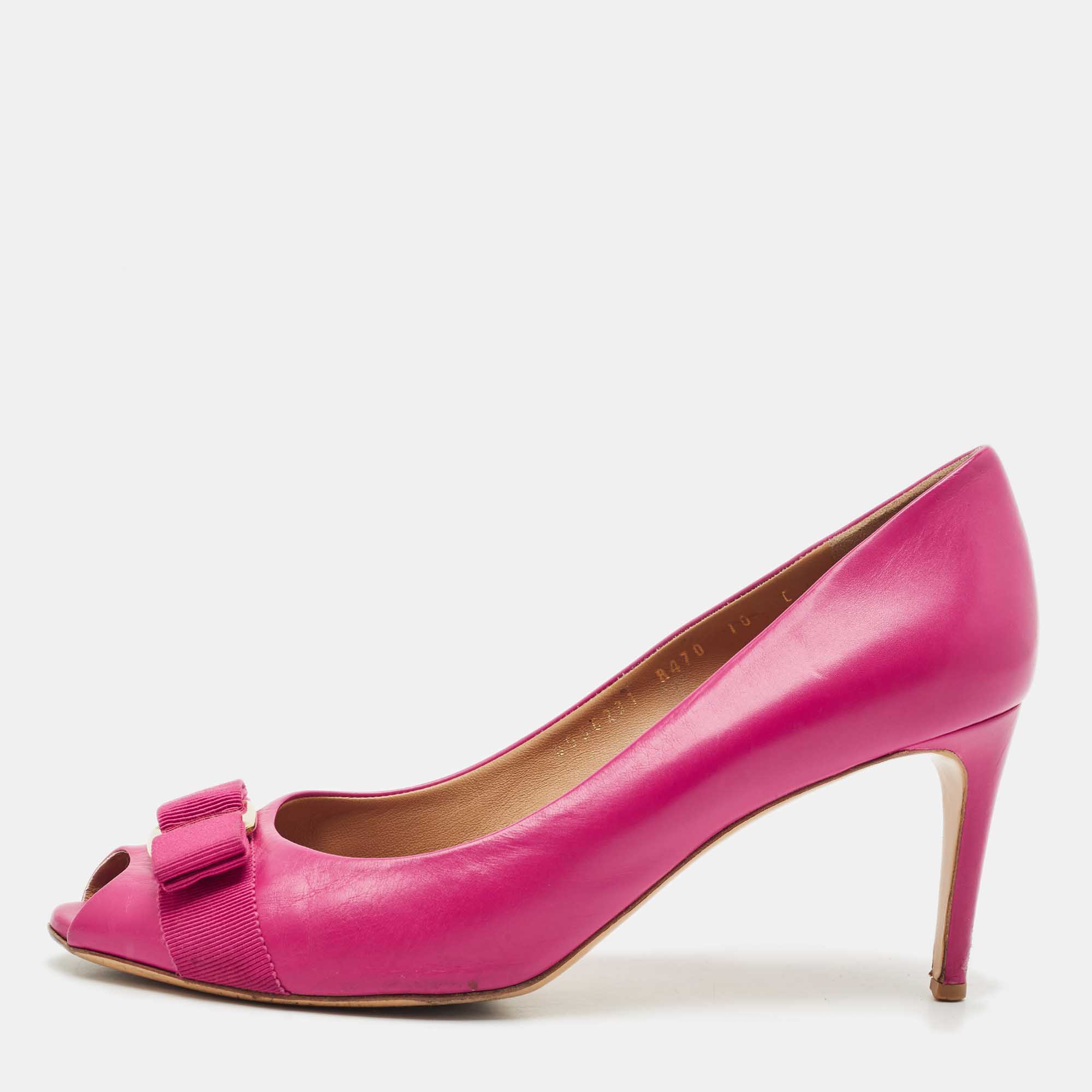 Pre Owned Salvatore Ferragamo Pink Leather Vara Bow Peep Toe Pumps Size 40.5
