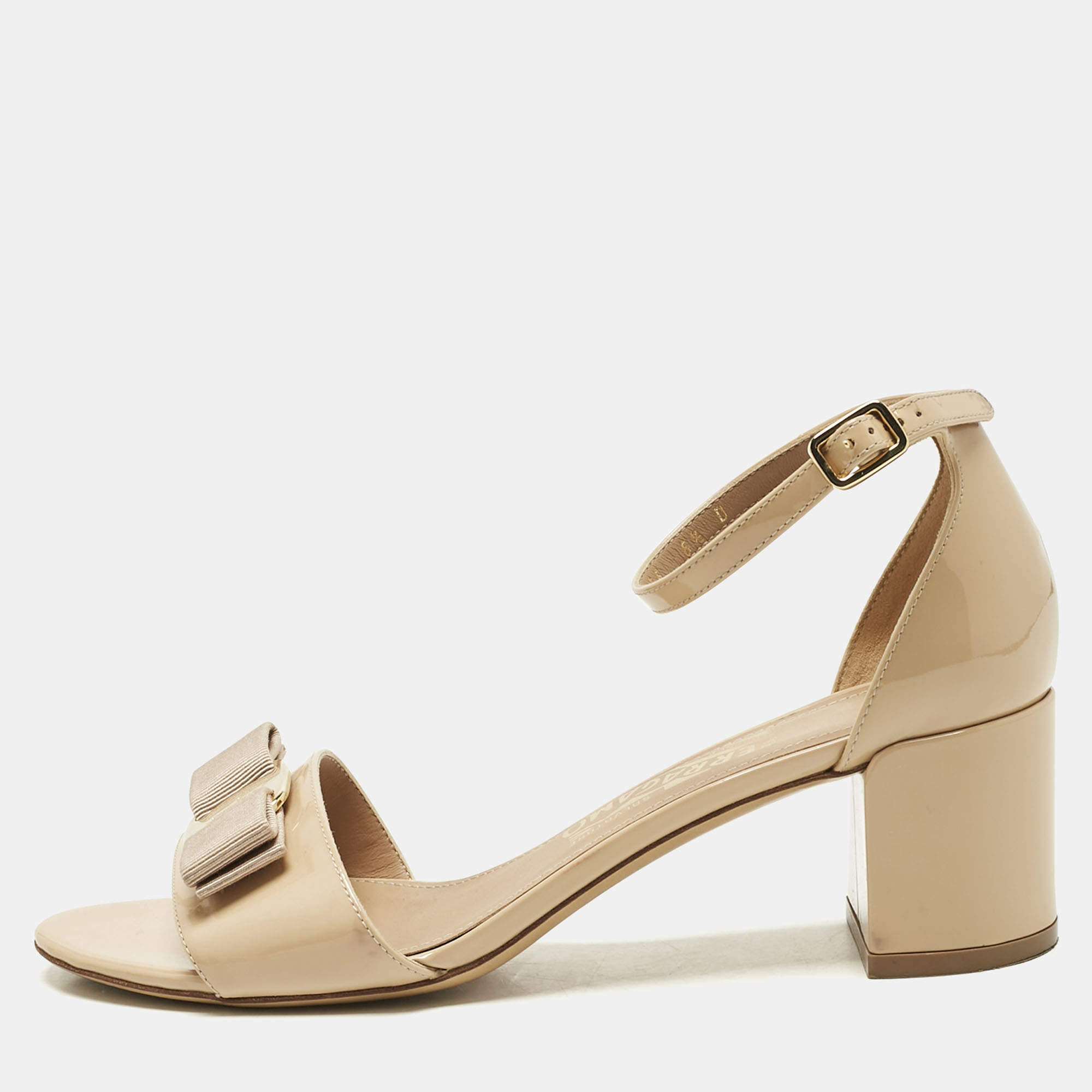 Pre Owned Salvatore Ferragamo Beige  Patent Leather Gavina Ankle Strap Sandals Size 37