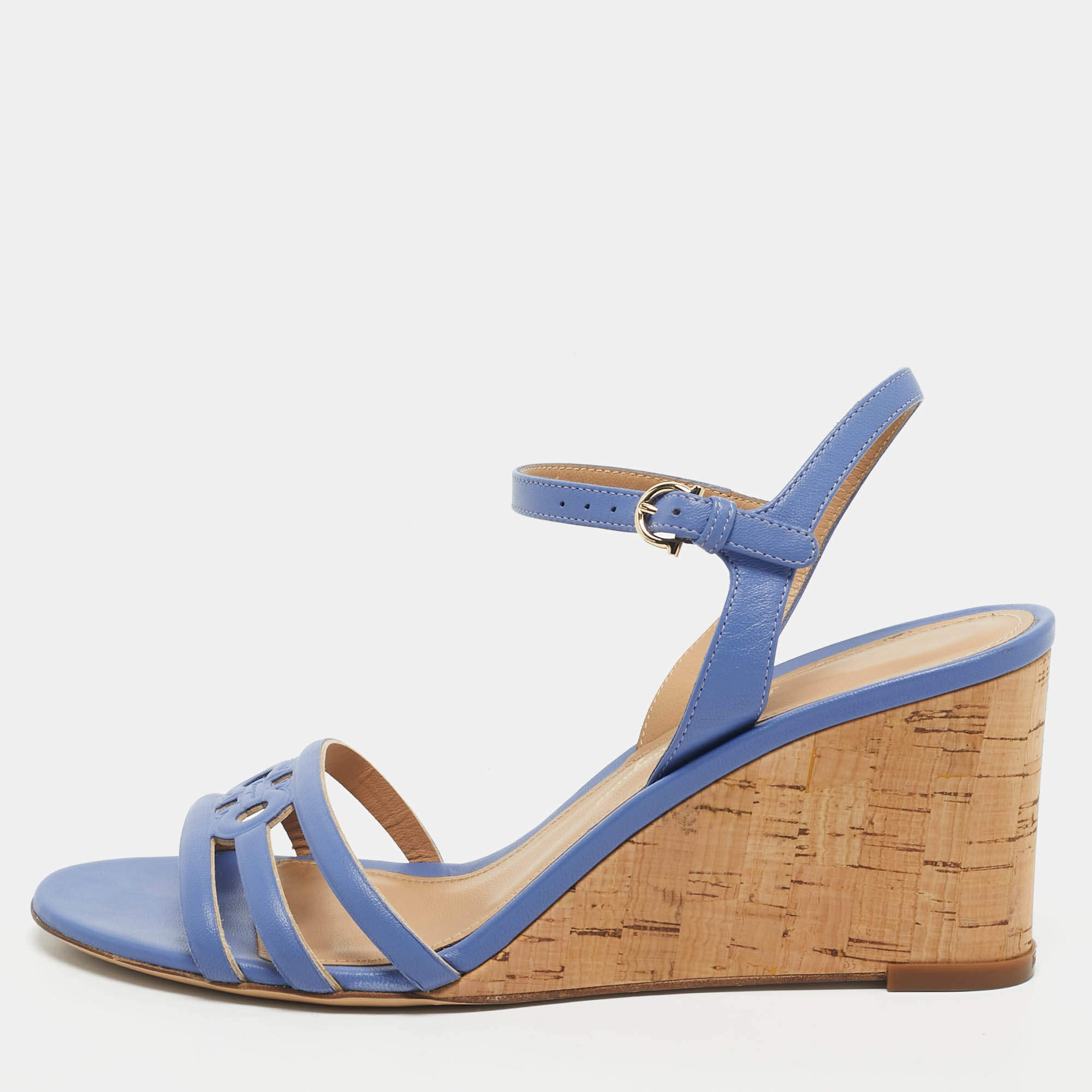 Pre Owned Salvatore Ferragamo Blue Leather Fieri Cork Wedge Sandals Size 38