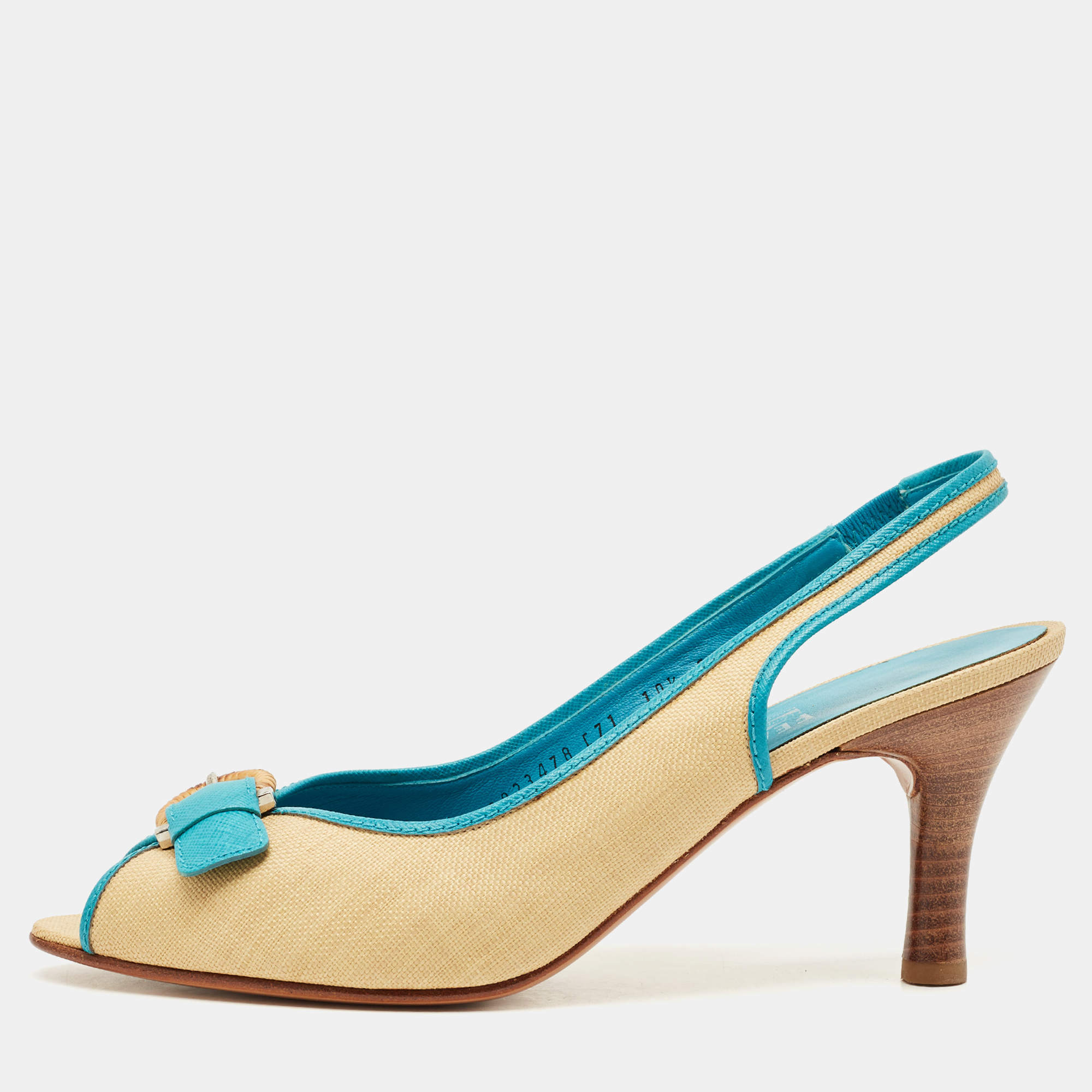 Pre Owned Salvatore Ferragamo Blue/Cream Leather and Raffia Anah Slingback Pumps Size 41