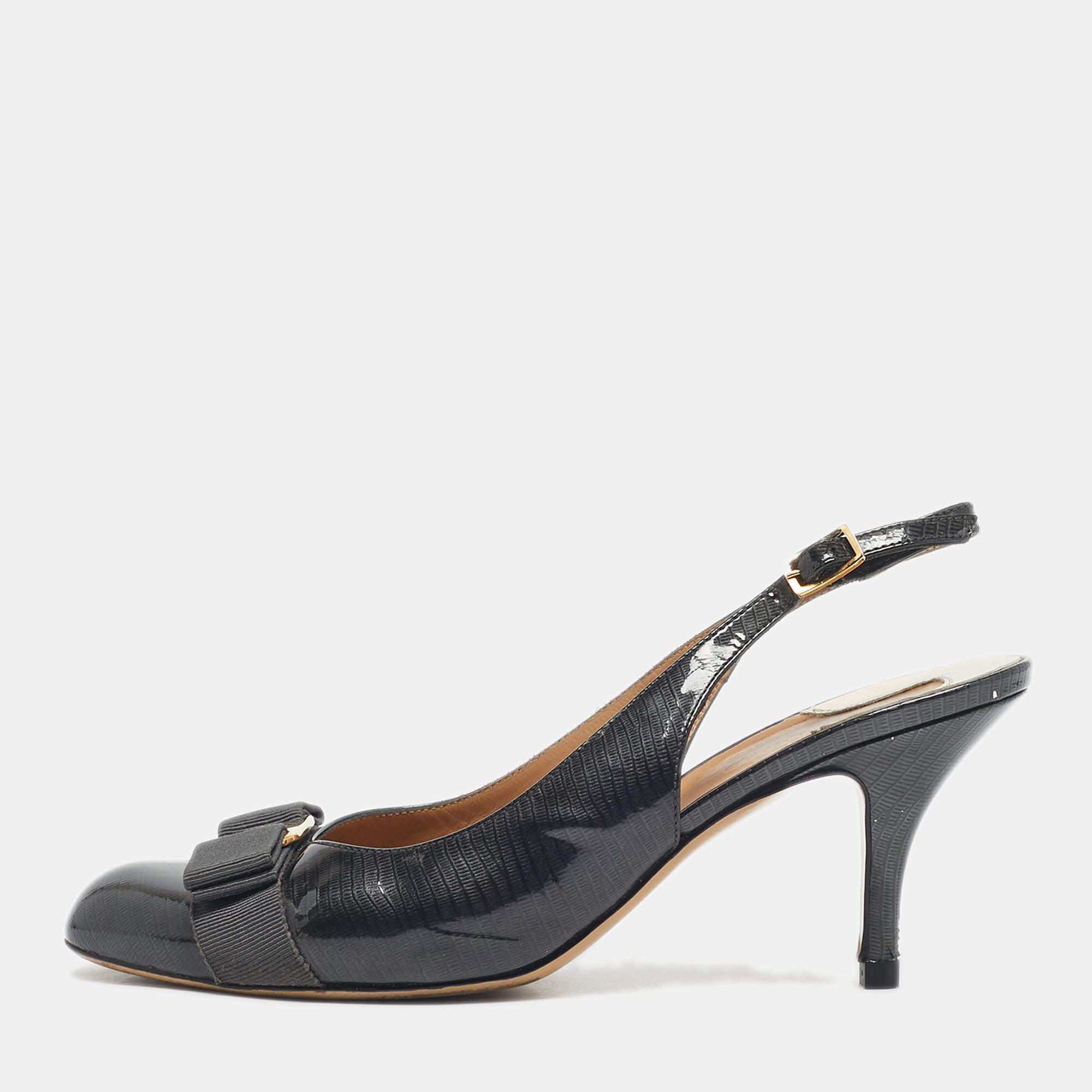 Pre Owned Salvatore Ferragamo Grey Patent Leather Vara Bow Slingback Pumps Size 38