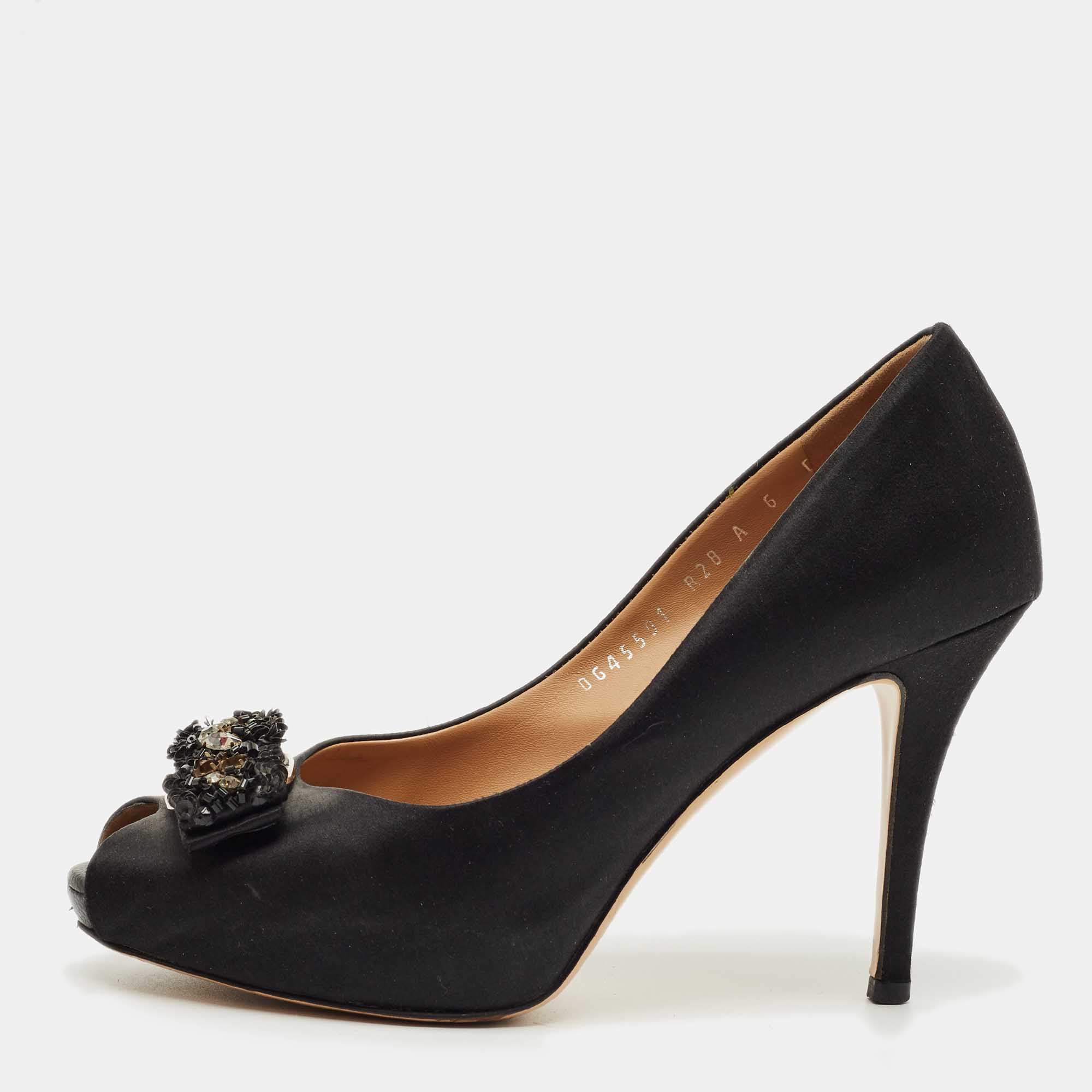 Pre Owned Salvatore Ferragamo Black Satin  Vara Bow Peep Toe Pumps Size 36.5