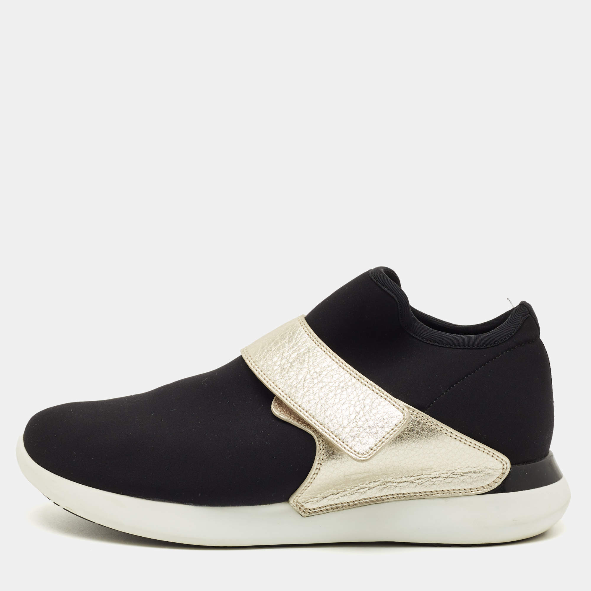 Pre Owned Salvatore Ferragamo Black/Gold Stretch Fabric and Leather Slip On Sneakers Size 41
