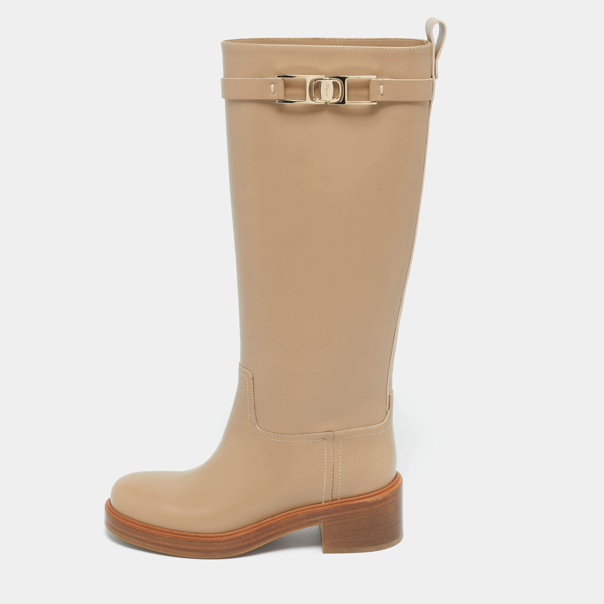 Pre Owned Salvatore Ferragamo Beige Leather Ornament Square Gancini  Knee Length Boots Size 37.5