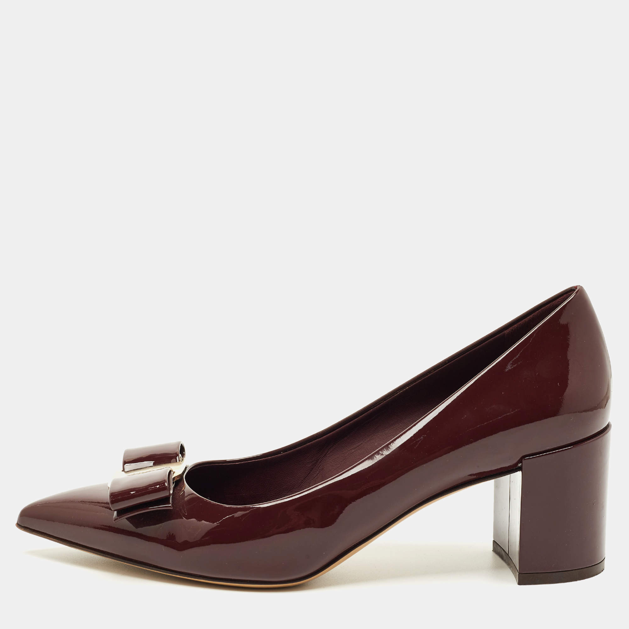 Pre Owned Salvatore Ferragamo Burgundy Patent Leather Vara Bow Block Heel Pumps Size 39.5         